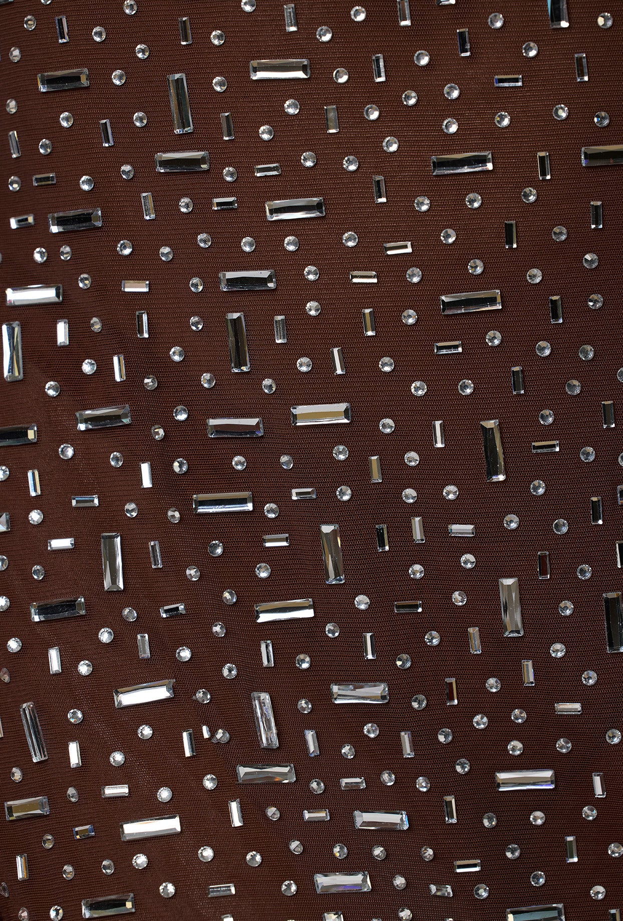 Zeta-Sheer Embellished Long Sleeve A-Line Mini Dress in Deep Cocoa