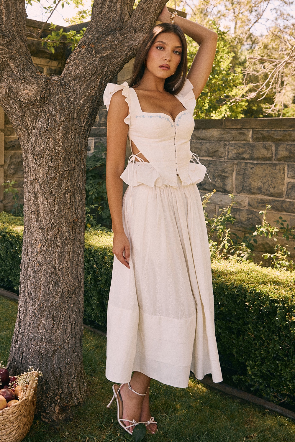 Augustine-White Embroidered Cotton Midi Skirt