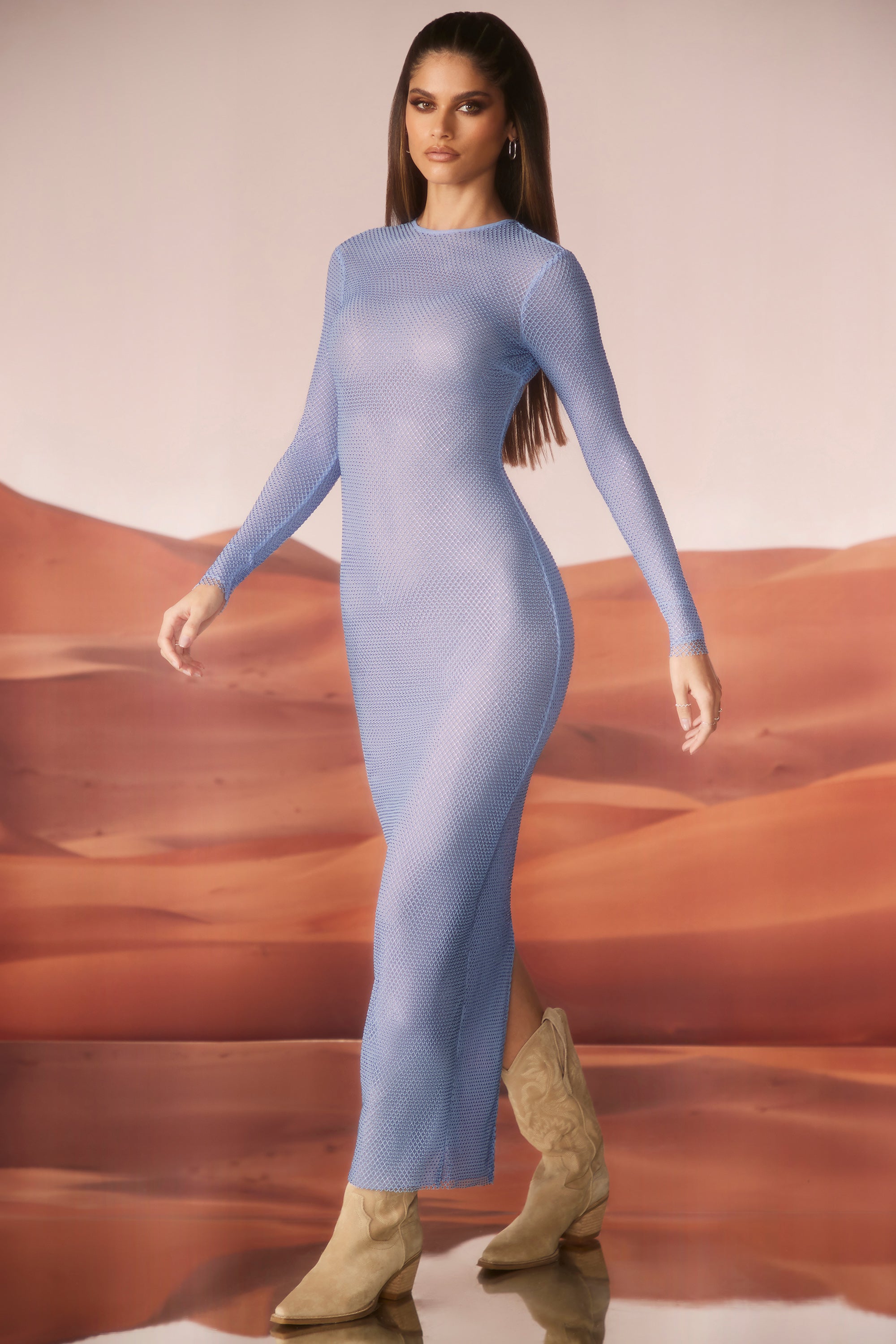 Yasmin-Embellished Long Sleeve Maxi Dress in Blue