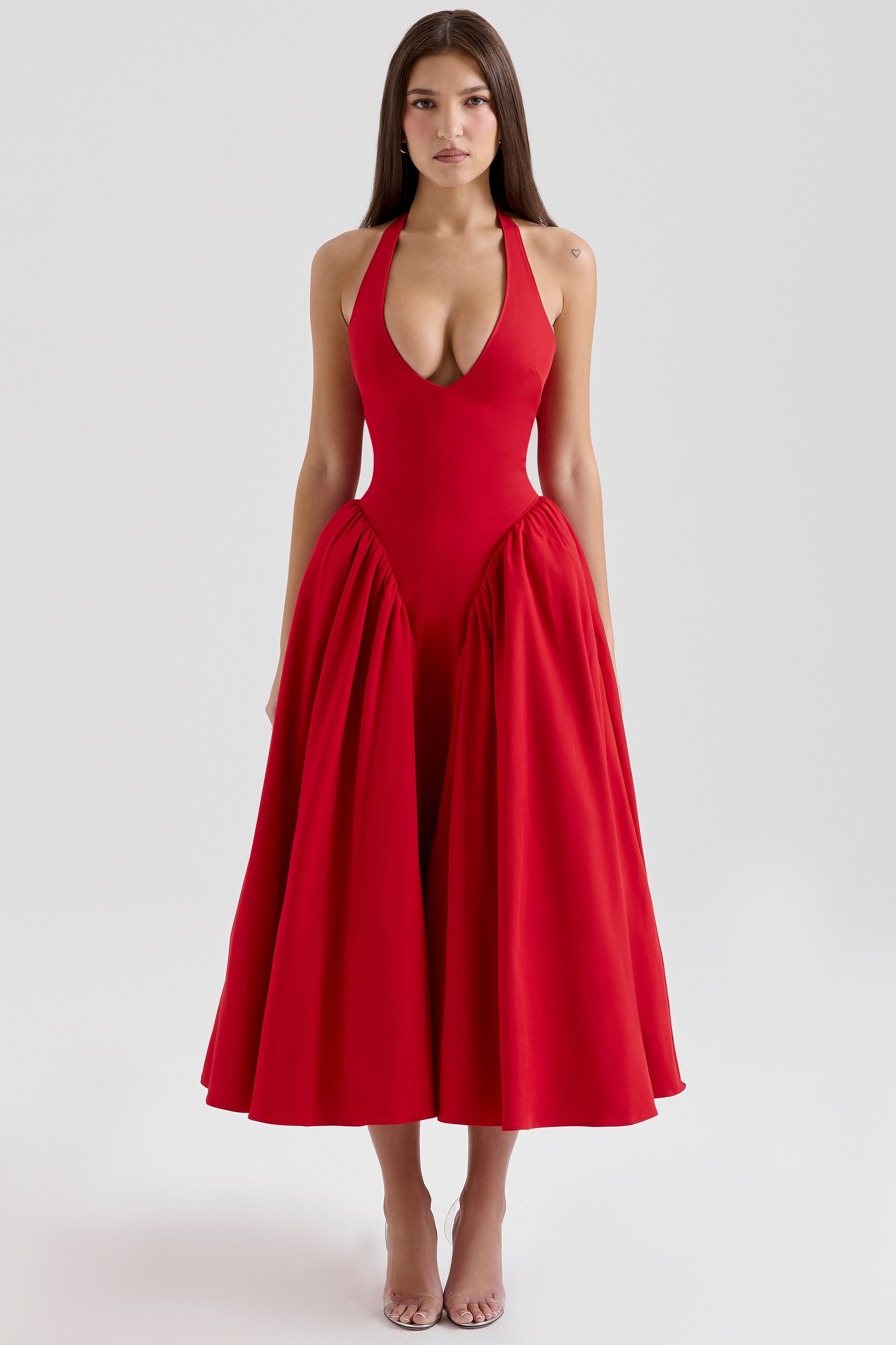 Marilyn-Red Twill Halter Midi Dress