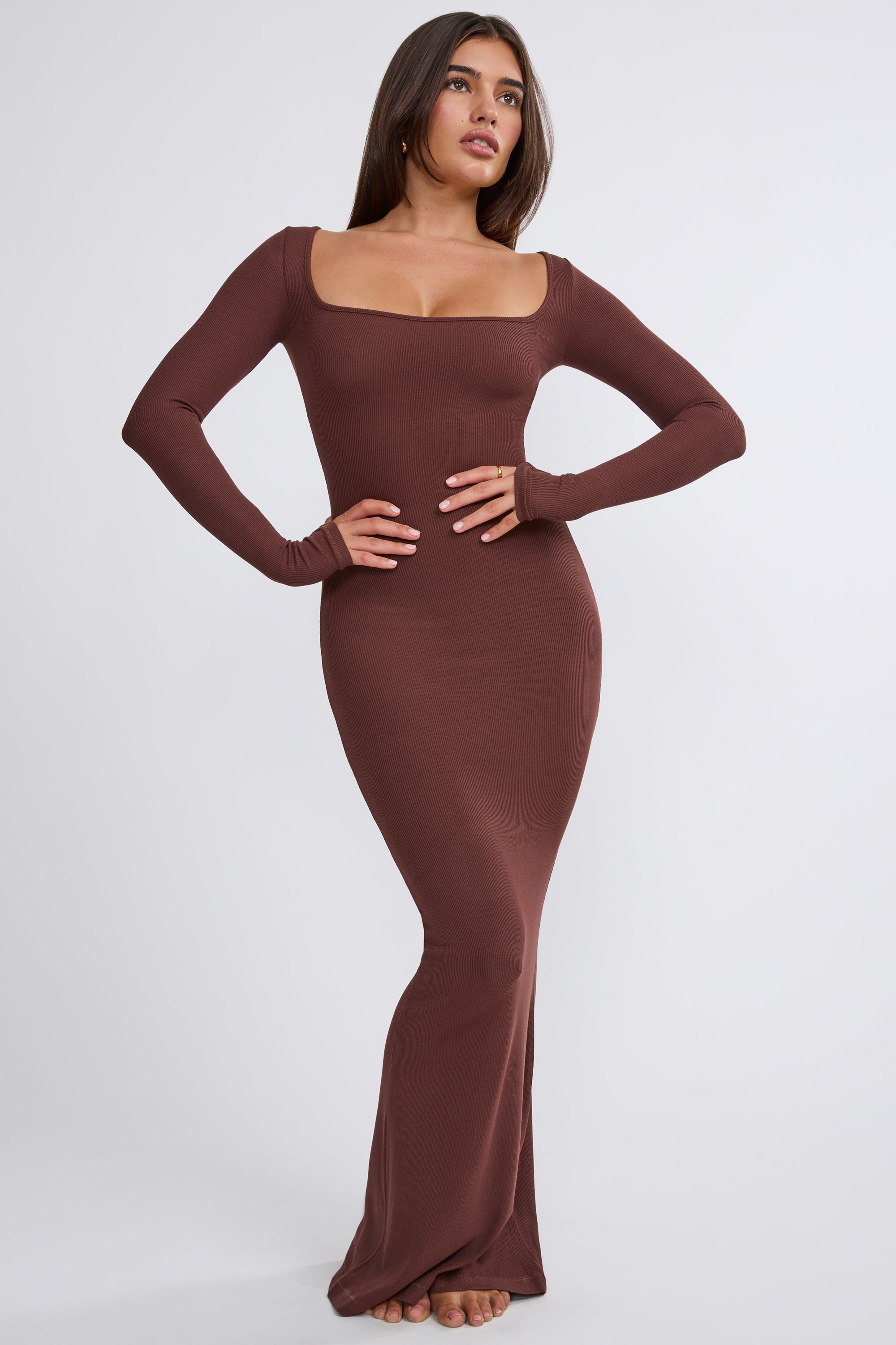 Jude-Ribbed Modal Long Sleeve Maxi Dress in Chocolate