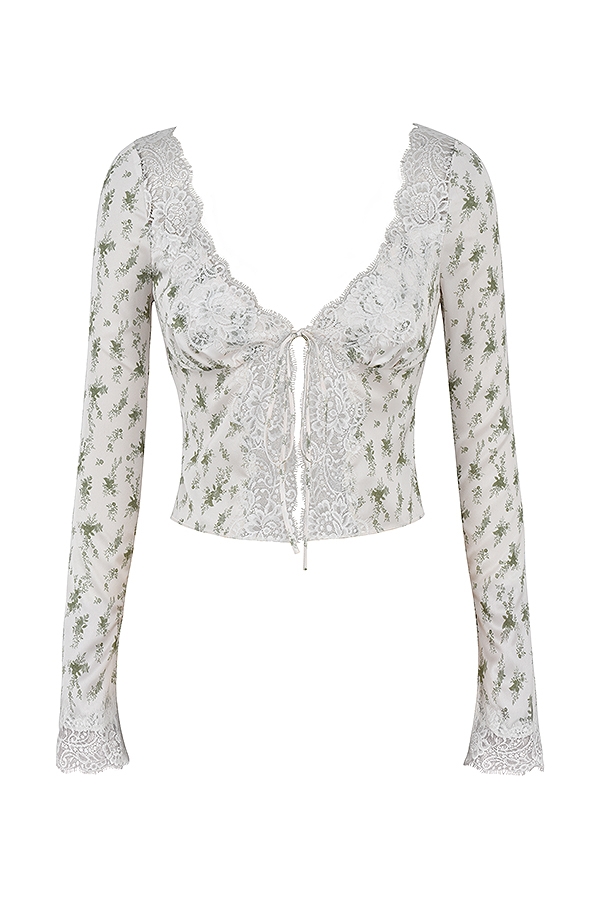 Clarissa-Garden Print Lace Trim Top