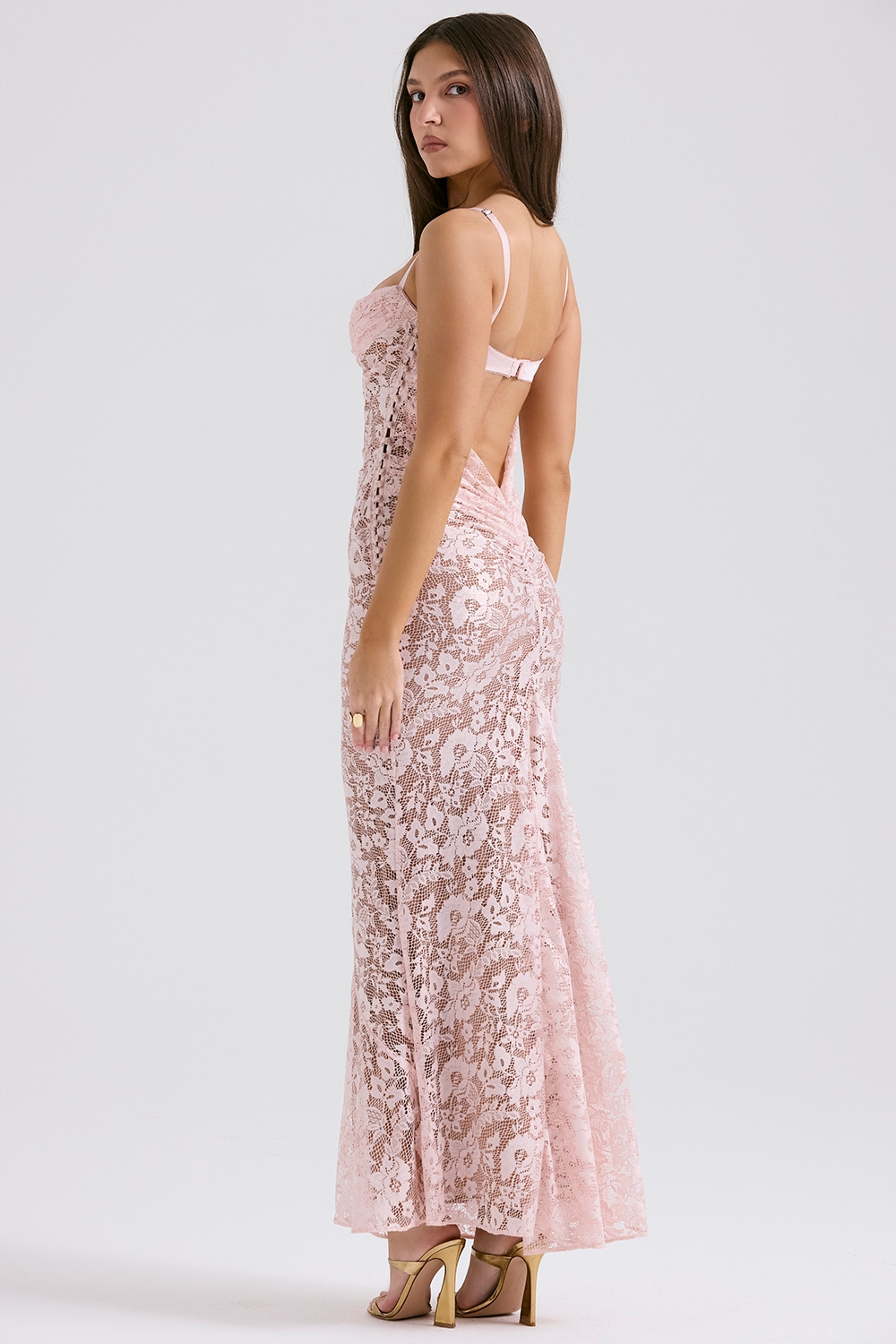 Azzurra-Rose Pink Lace Godet Gown