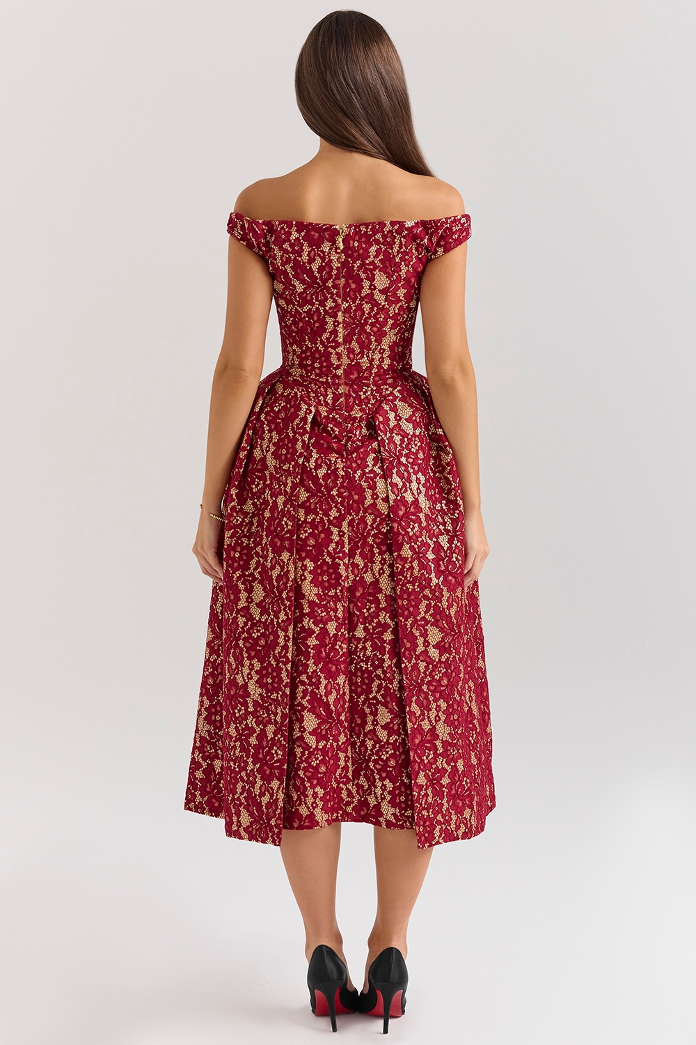 Charming-Gold and Berry Lace Midi Off Shoulder Dress