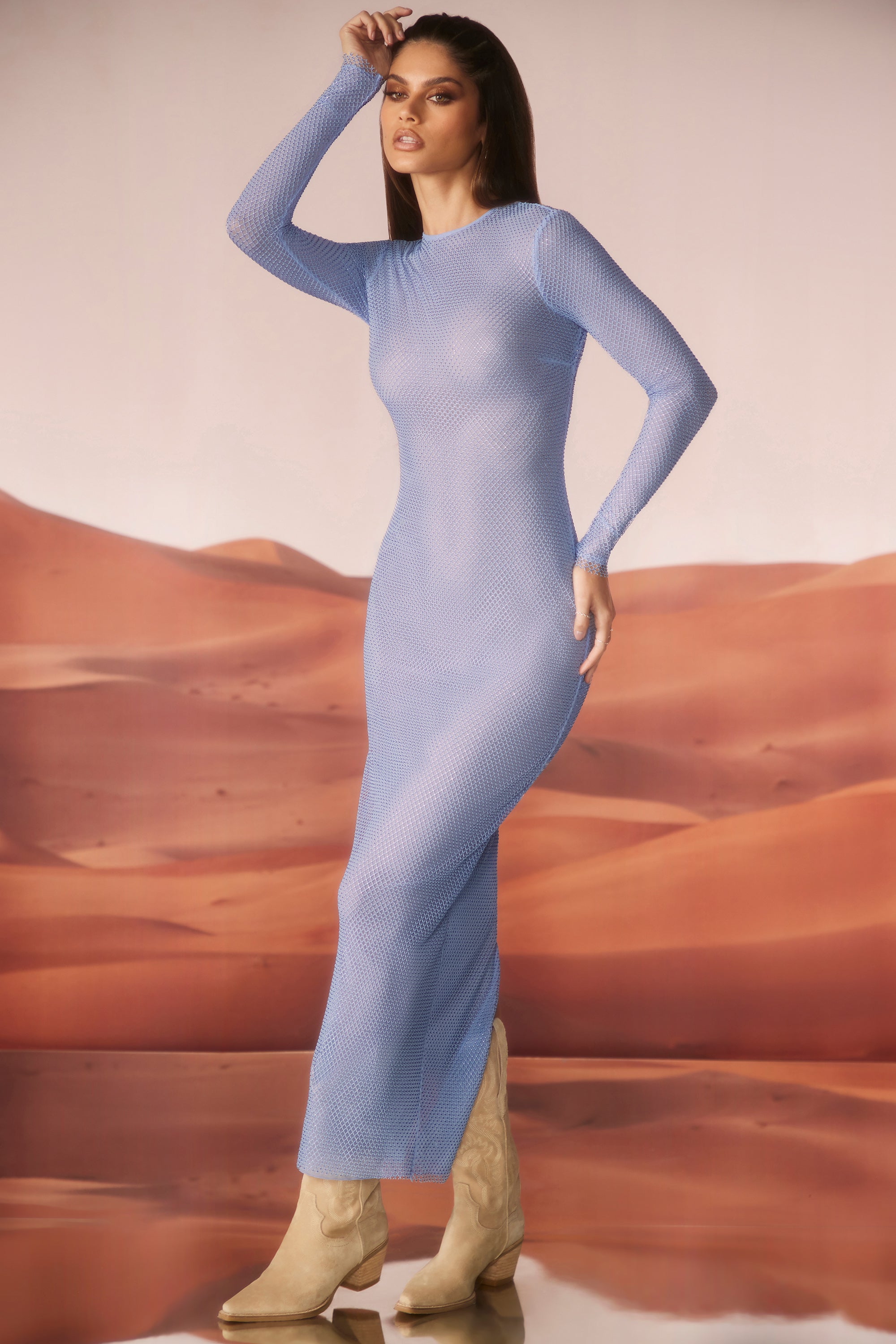 Yasmin-Embellished Long Sleeve Maxi Dress in Blue