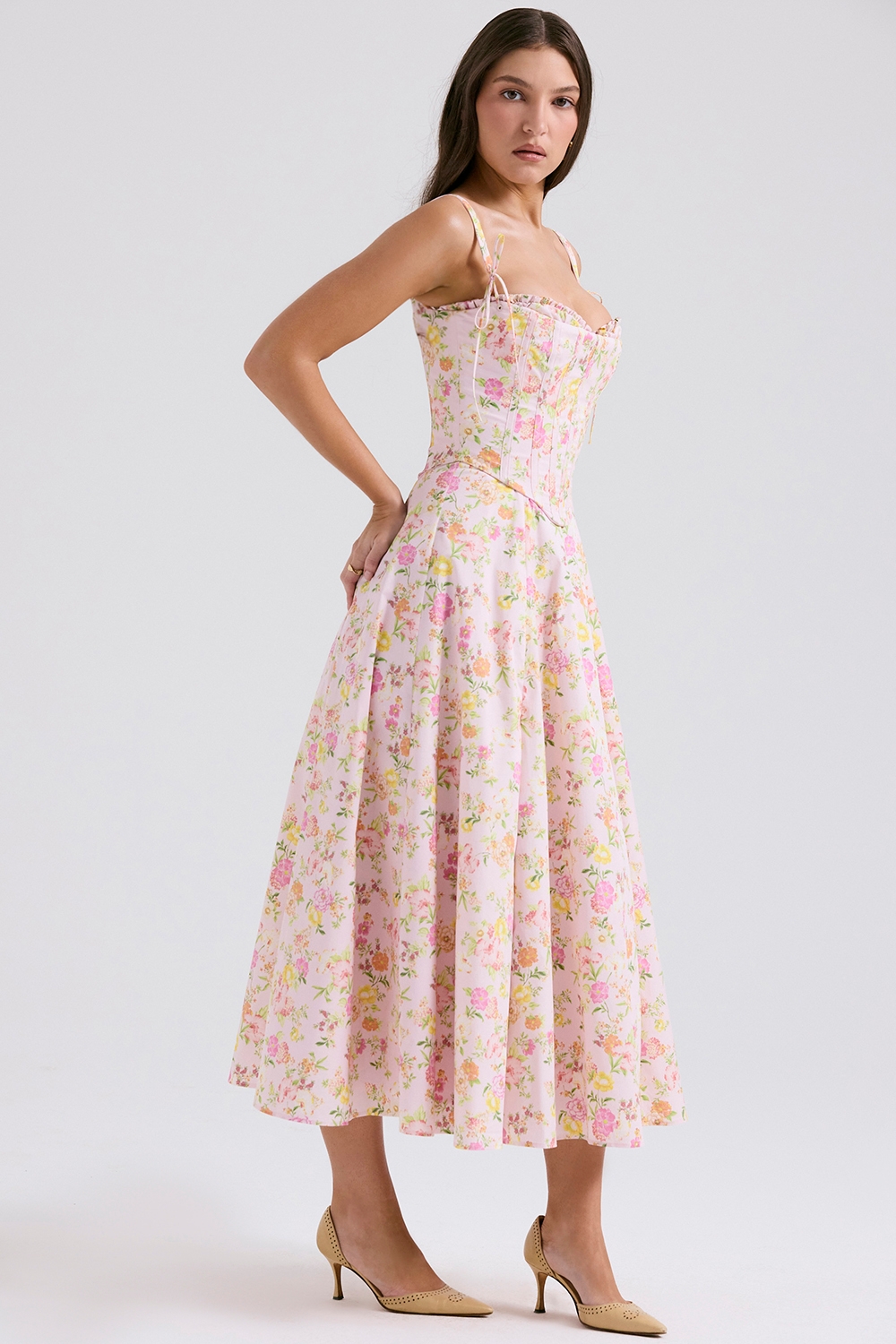 Clarabelle-Pink Meadow Print Cotton Midi Sundress