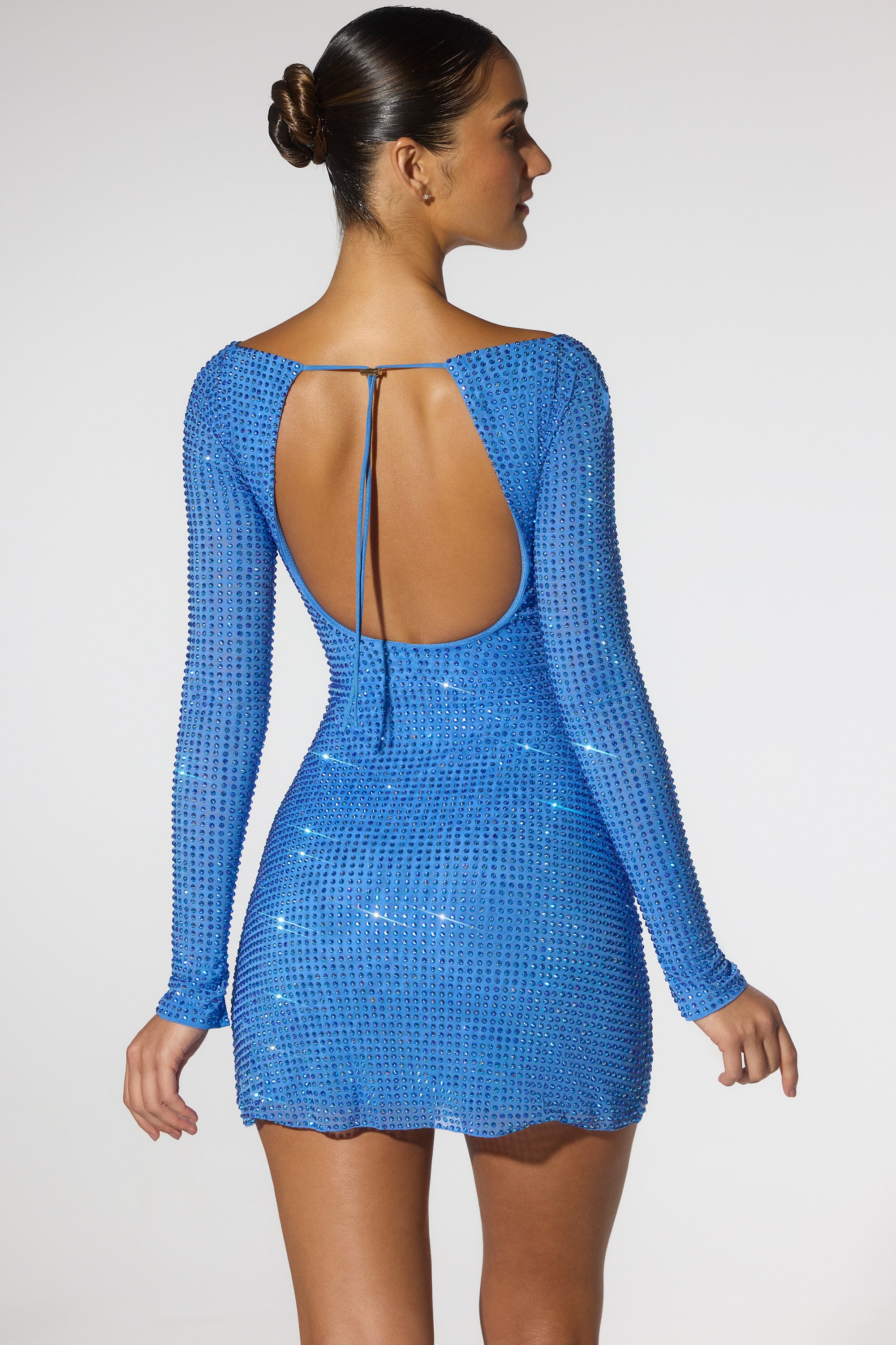 Valeria-Embellished Corset Open Back Long Sleeve Mini Dress in Cobalt Blue