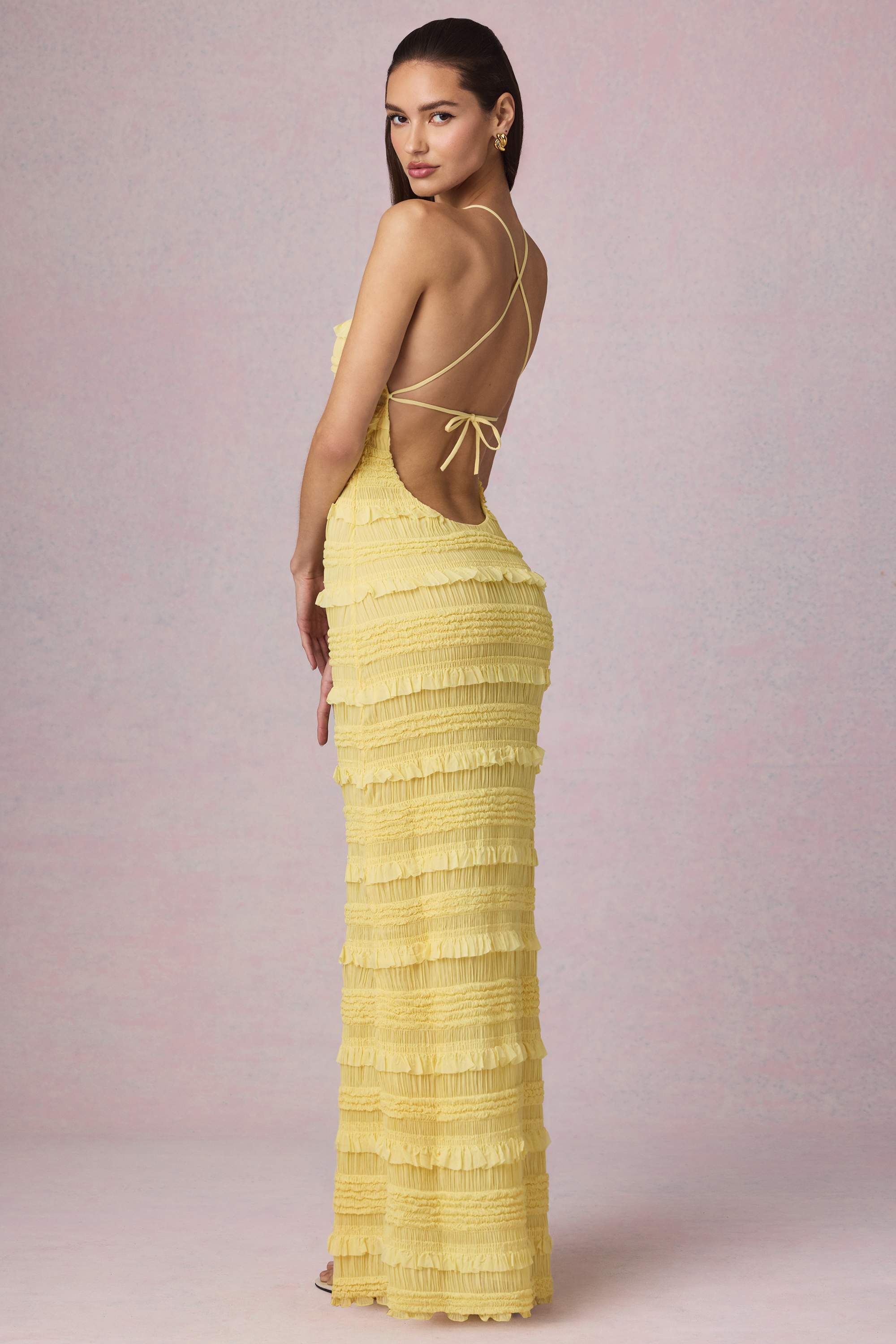 Tove-Ruffled Backless Halterneck Maxi Dress in Lemon Yellow