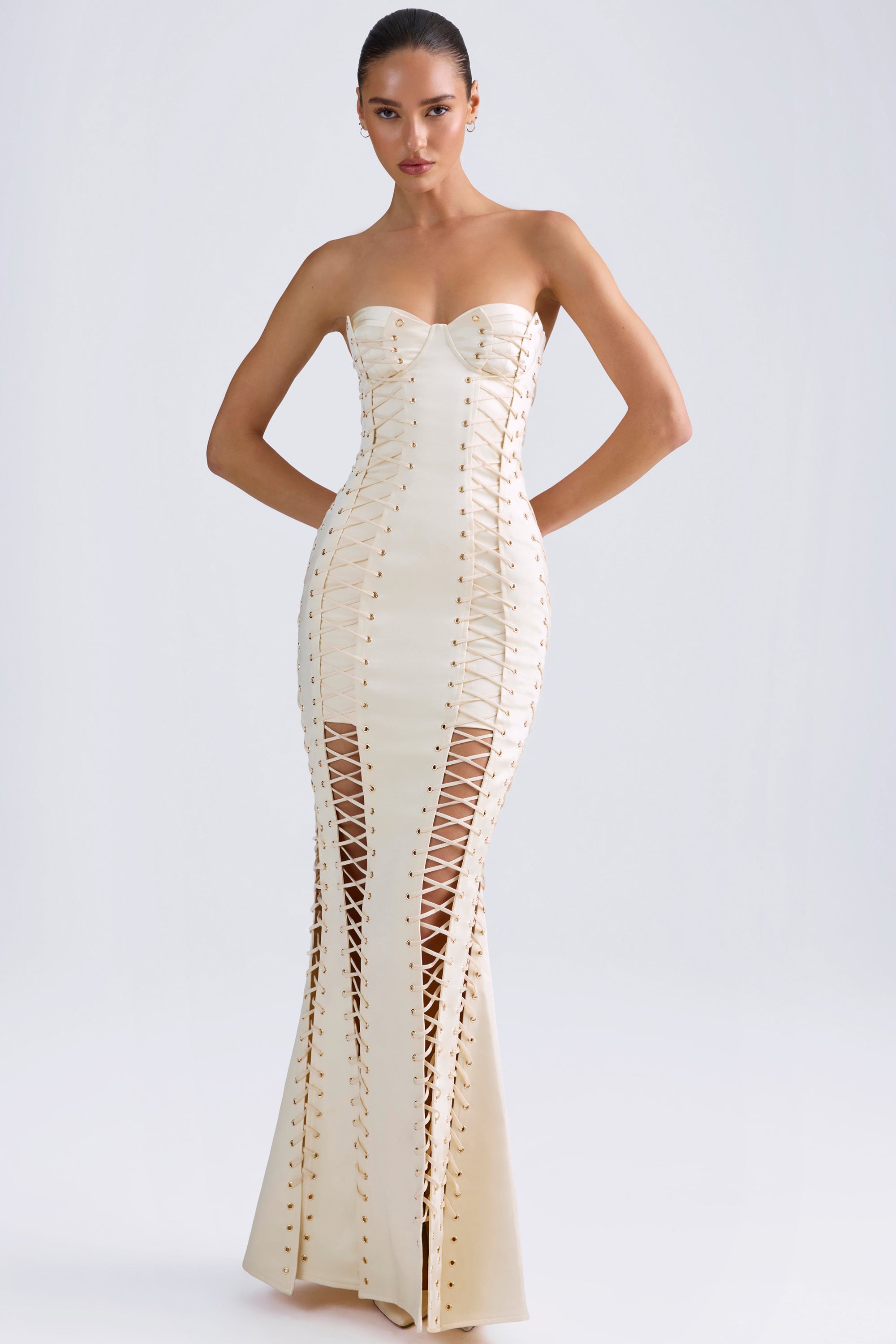 Callidora-Lace-Up Corset Gown in Ivory