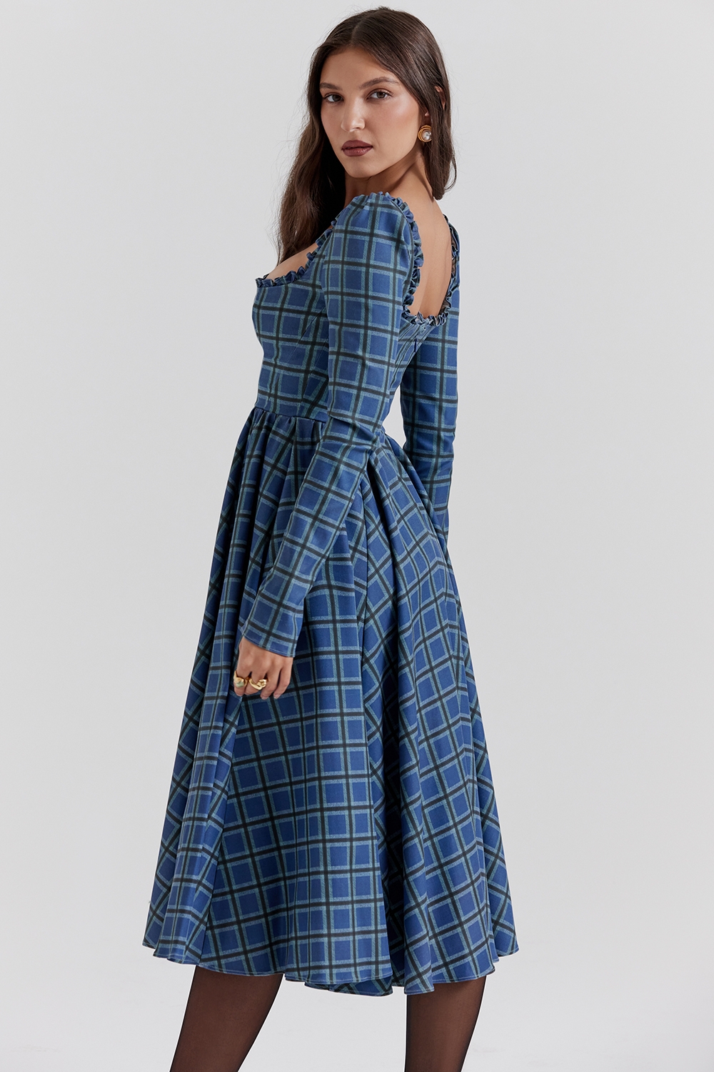 Delia-Blue Tartan Midi Dress