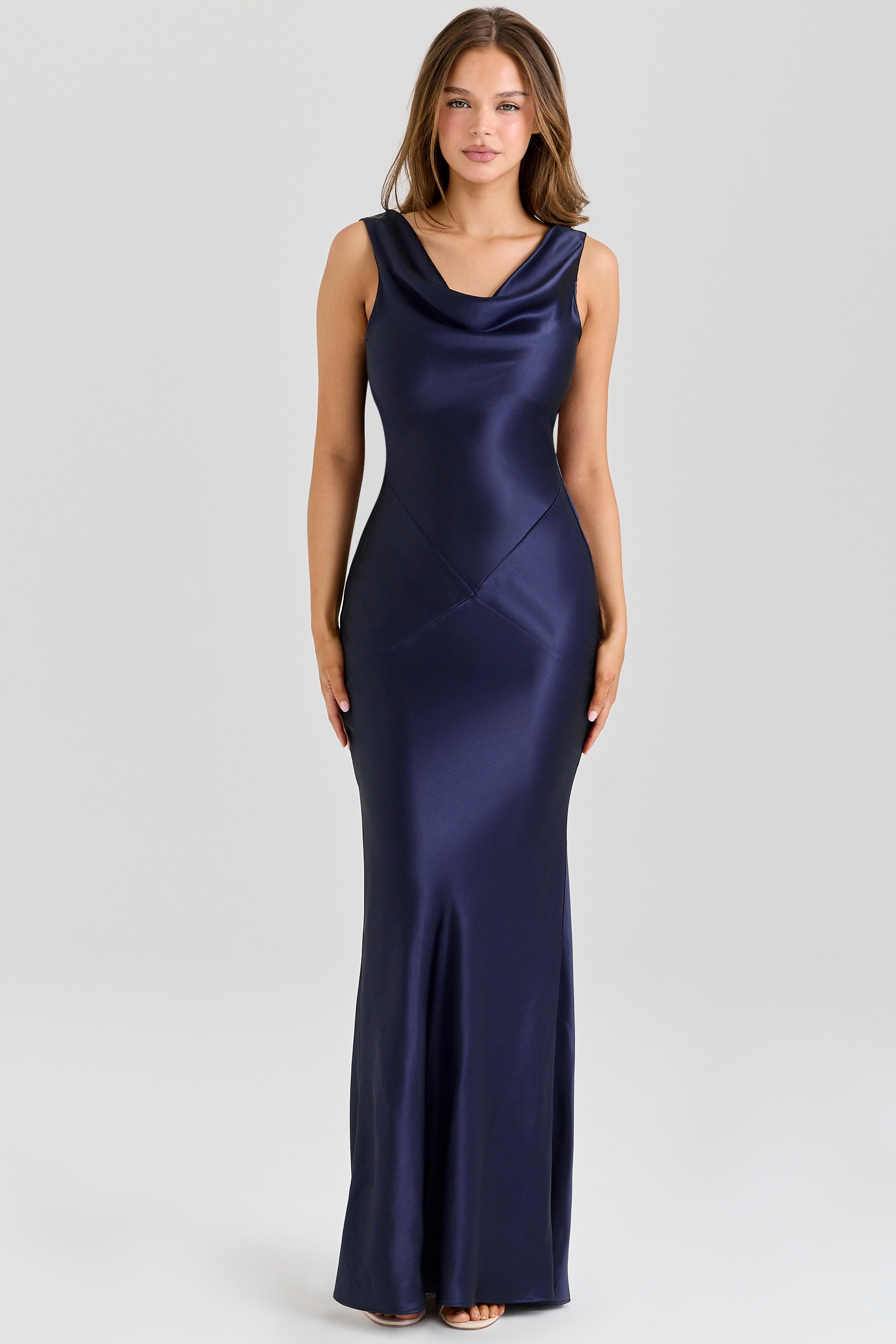 Safaira-Navy Satin Draped Cowl Neck Maxi Dress