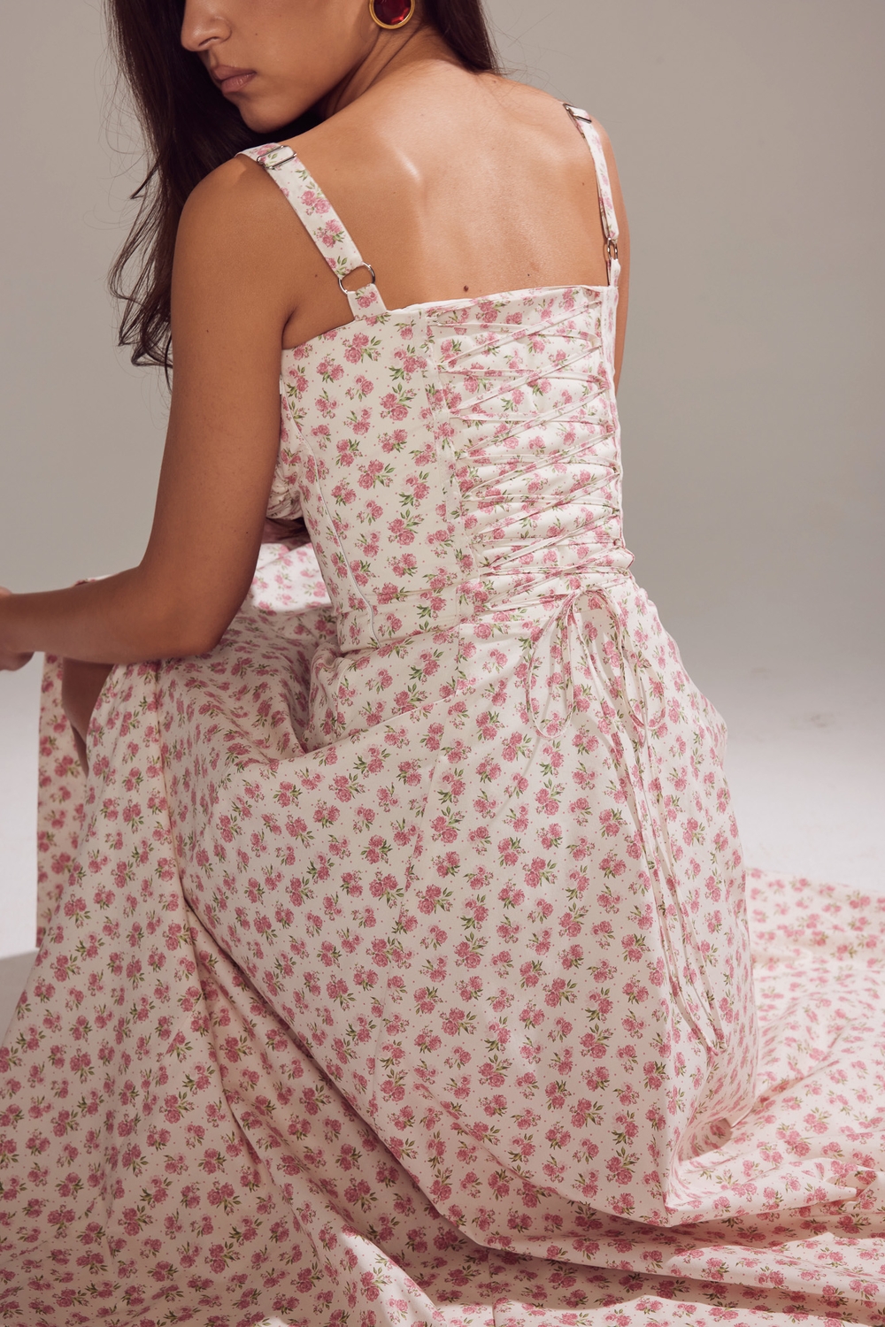 Carmen-White Rosebud Print Cotton Bustier Sundress