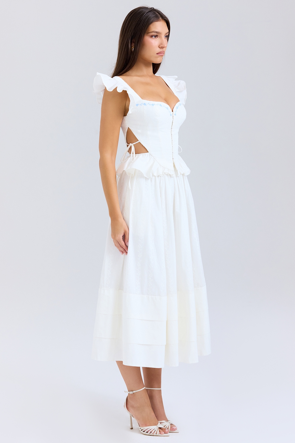 Augustine-White Embroidered Cotton Midi Skirt