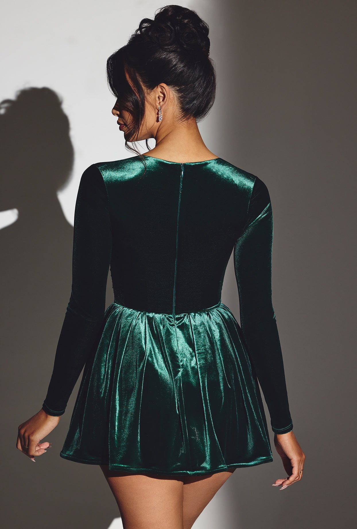 Tera-Velvet Long Sleeve Corset Mini Dress in Emerald Green