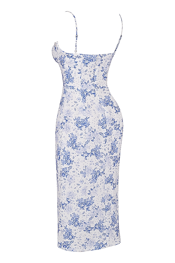 Charlotte-Blue Print Corset Midi Dress