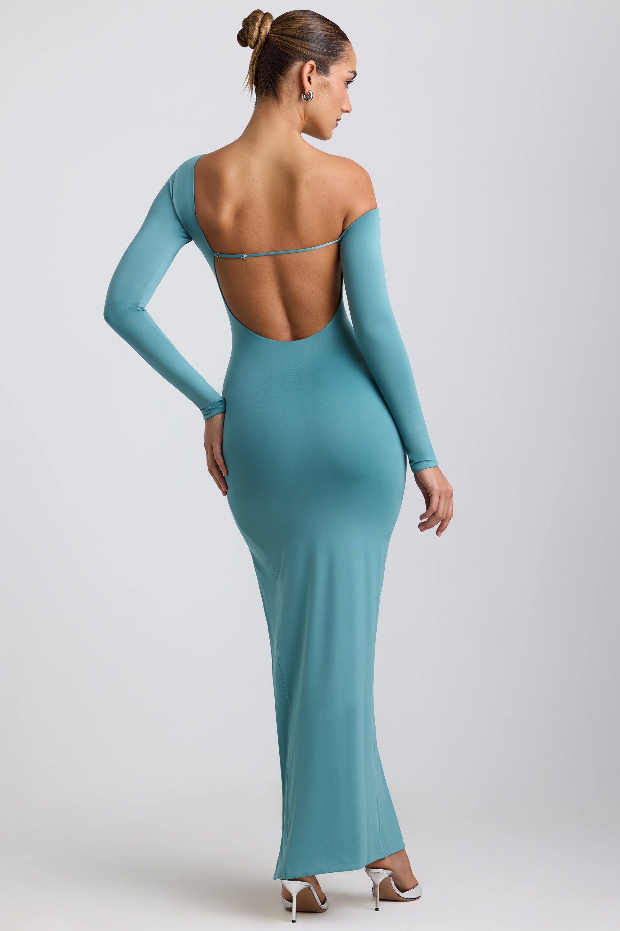 Valeda-Slinky Jersey Asymmetric Ruched Hardware Detail Maxi Dress in Sea Green