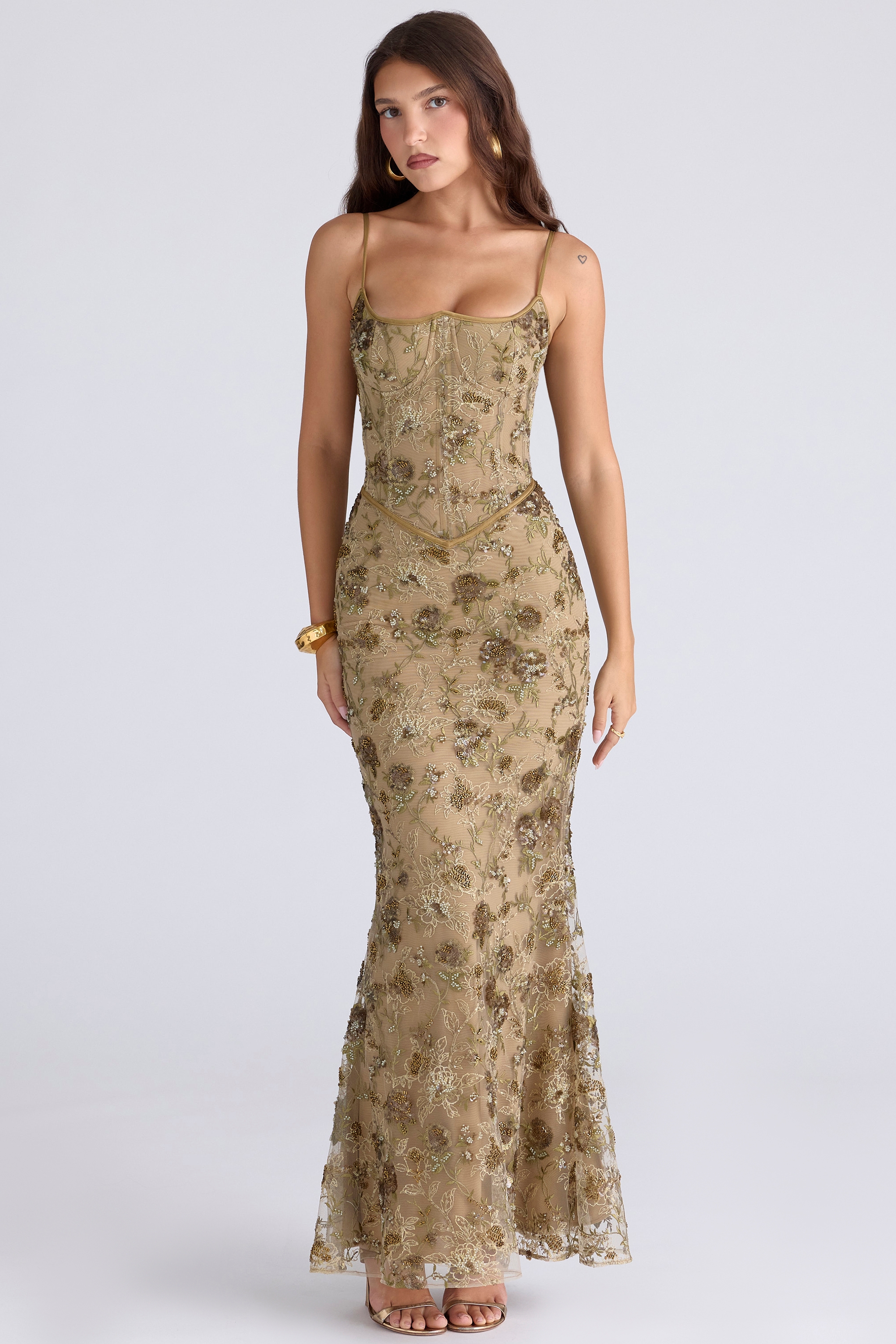 Naima-Olive Bronze Hand Beaded Embellished Corset Maxi Dress - Limited Edition