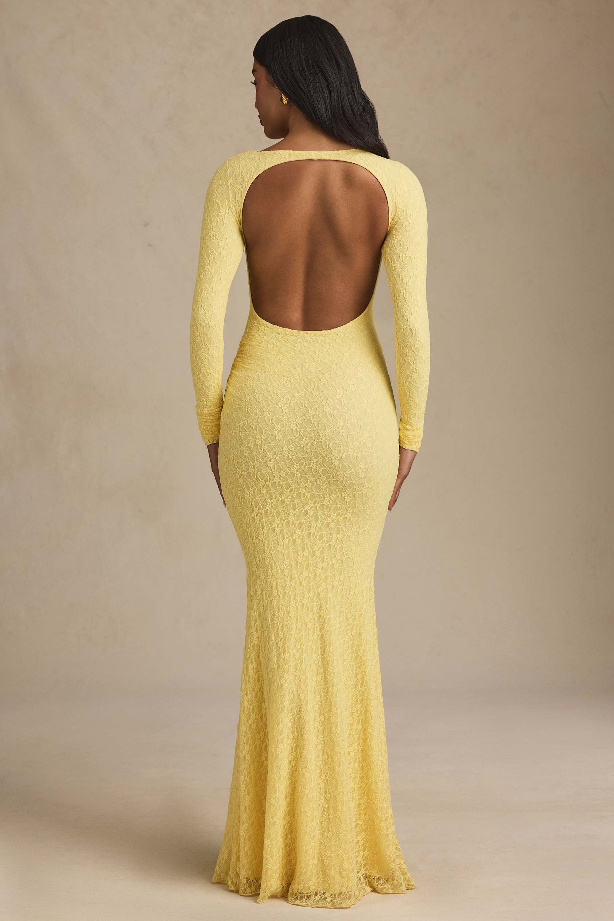Tarini-Ruched Backless Lace Maxi Dress in Pastel Yellow