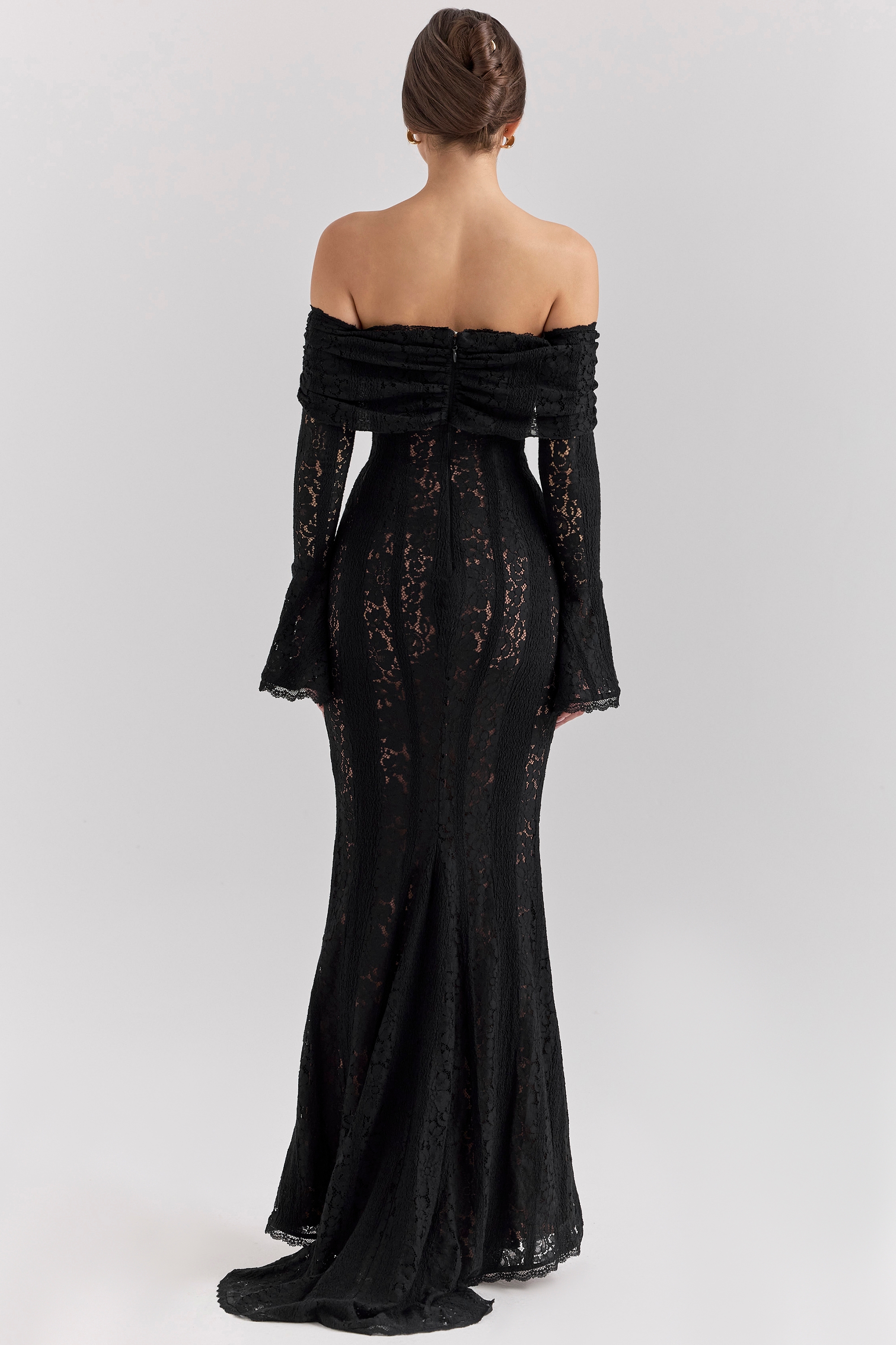 Belle-Black Off Shoulder Floral Lace Maxi Dress