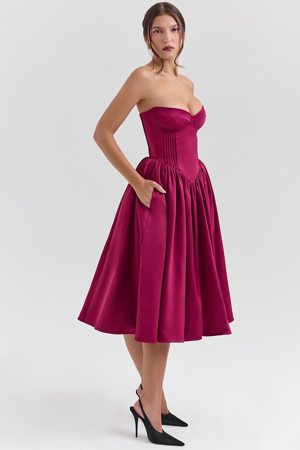 Coco-Burgundy Satin Tulle Midi Dress - SALE