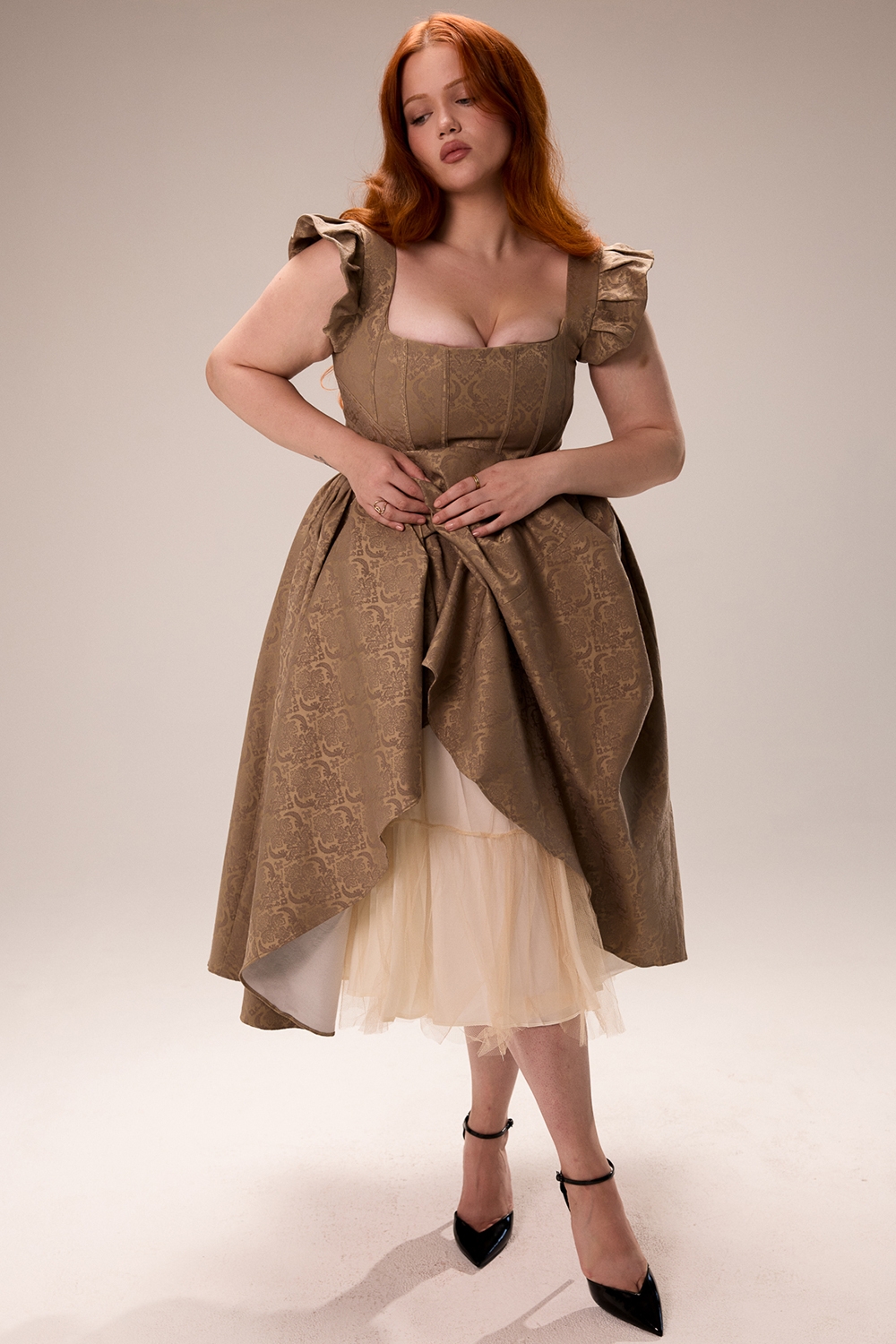 Alessandra-Gold Jacquard Midi Dress with Detachable Bow - SALE