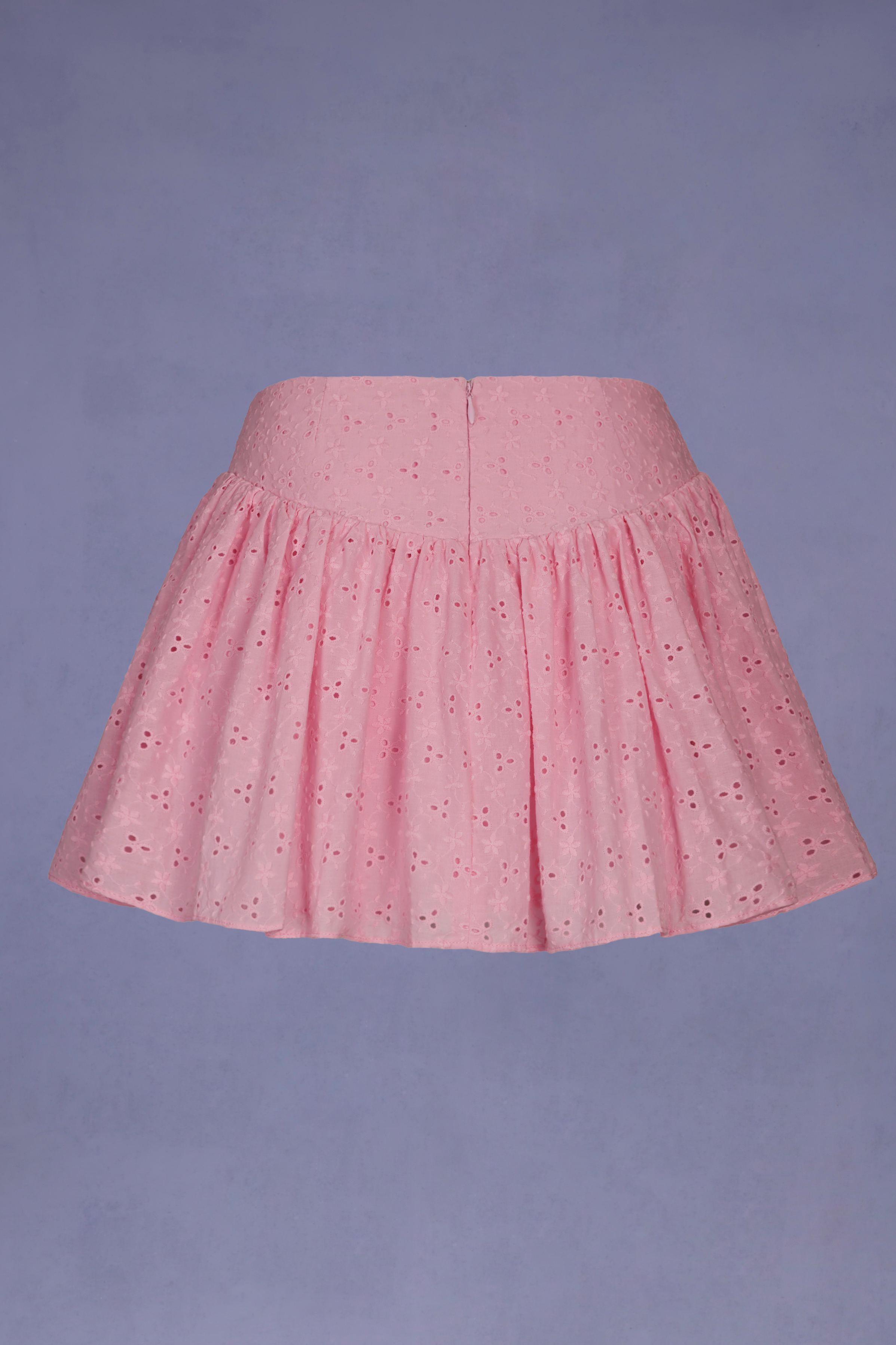 Thia-Bow-Detail Broderie Anglaise Mini Skirt in Soft Pink