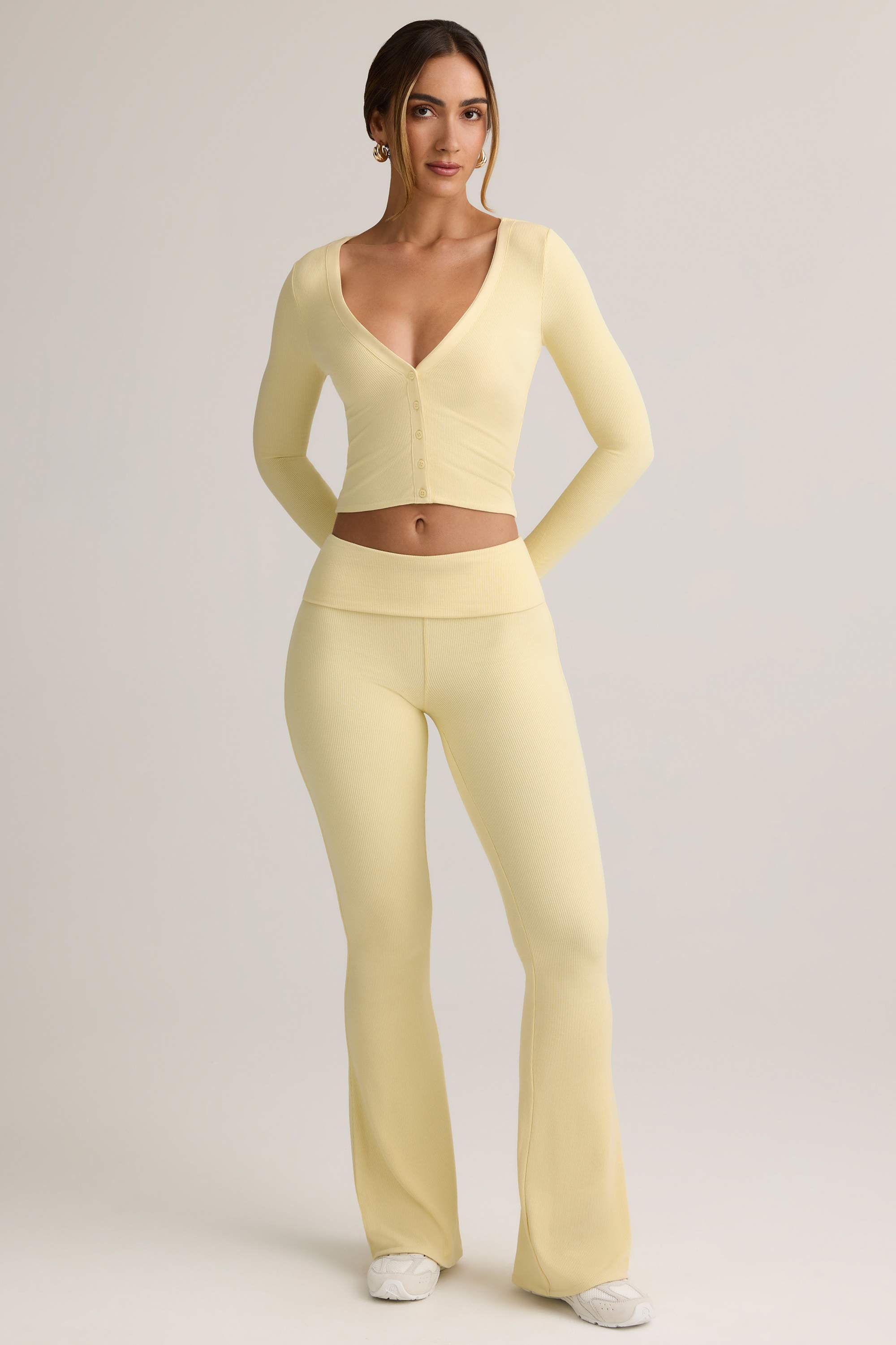 Jules-Modal Ribbed Foldover Flared Trousers in Buttercream Yellow