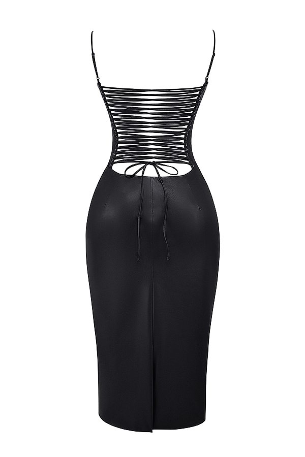 Jalena-Black Vegan Leather Lace Back Dress