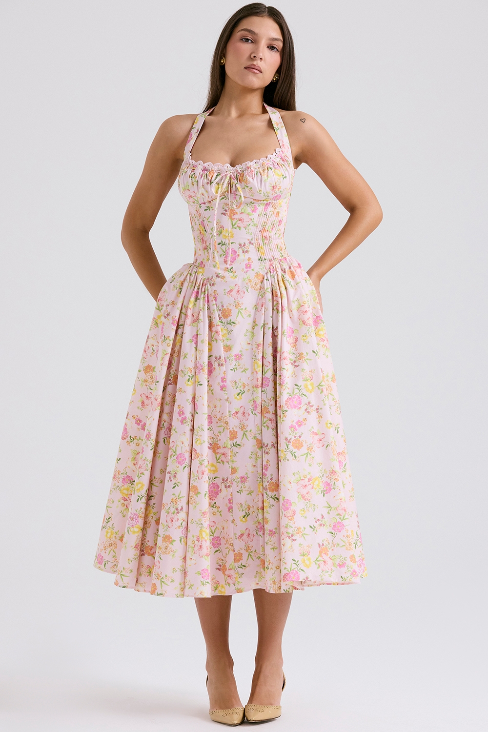 Adabella-Pink Meadow Print Cotton Halter Midi Sundress