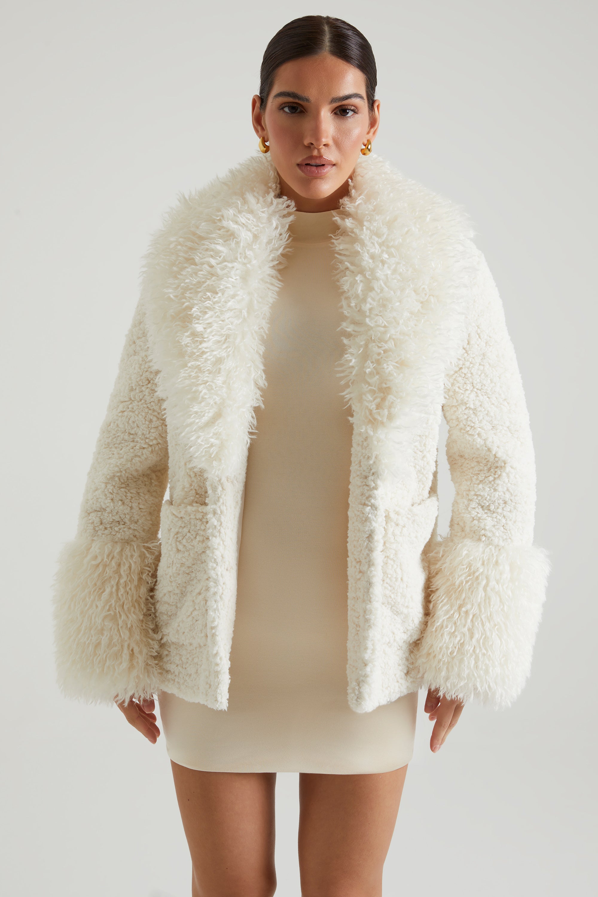 Wynter-Shearling Coat with Large Front Pockets in Cream