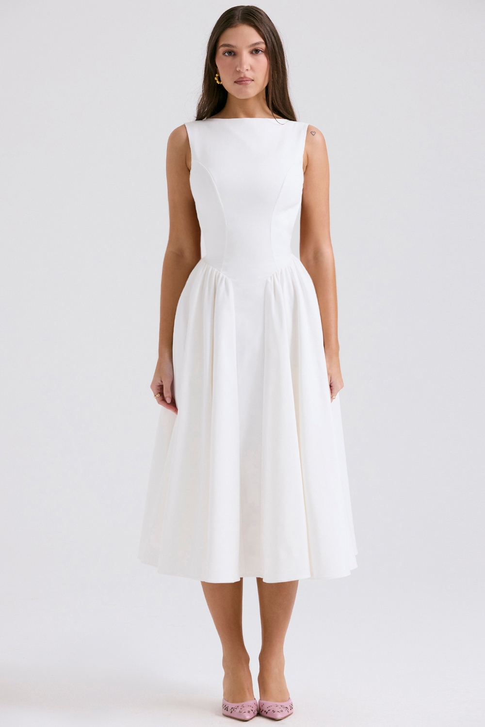 Cindy-White Twill Midi Sundress