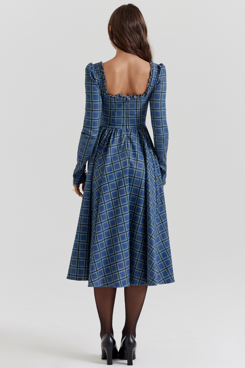 Delia-Blue Tartan Midi Dress