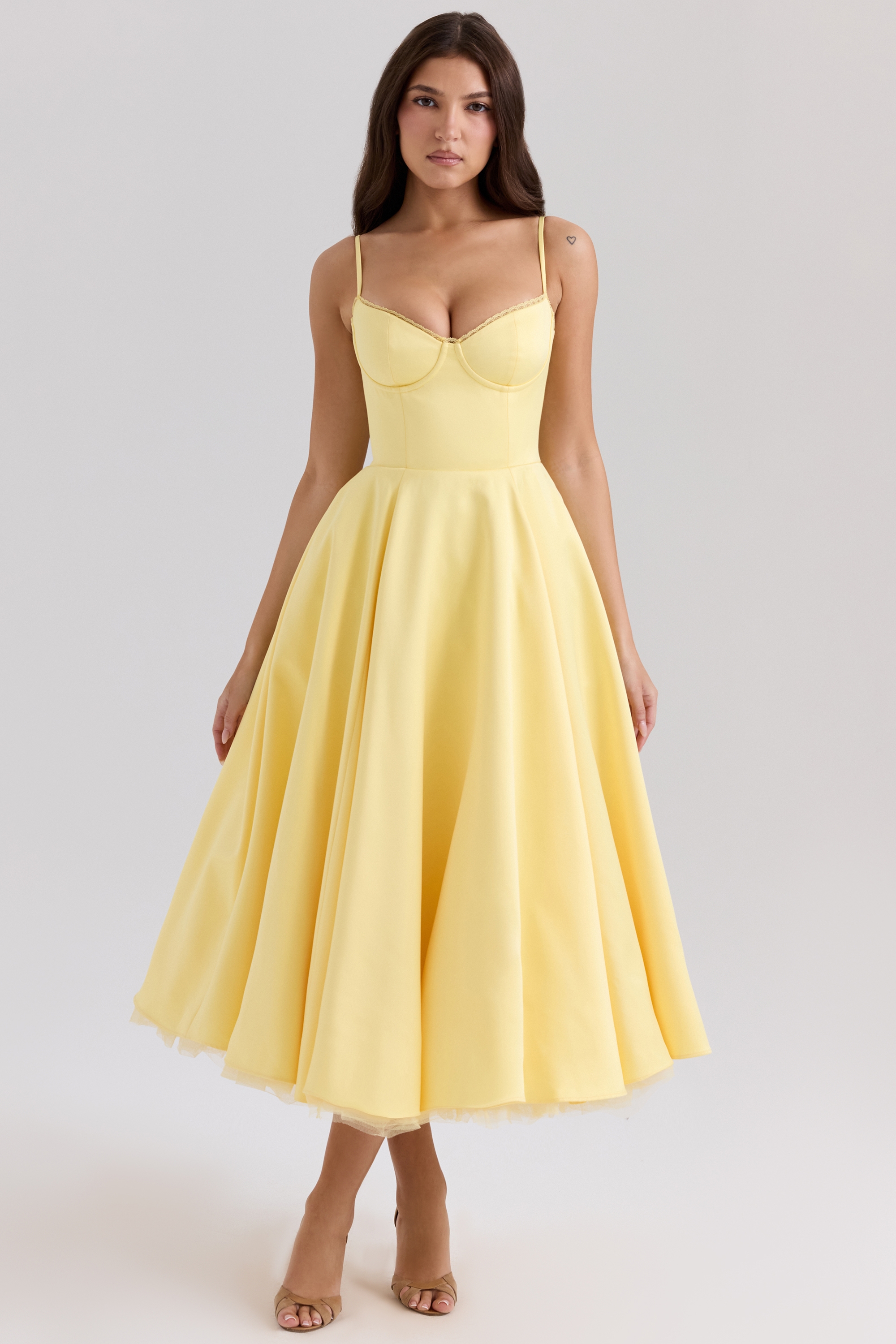 Mademoiselle-Sunshine Yellow Satin Tulle Midi Dress