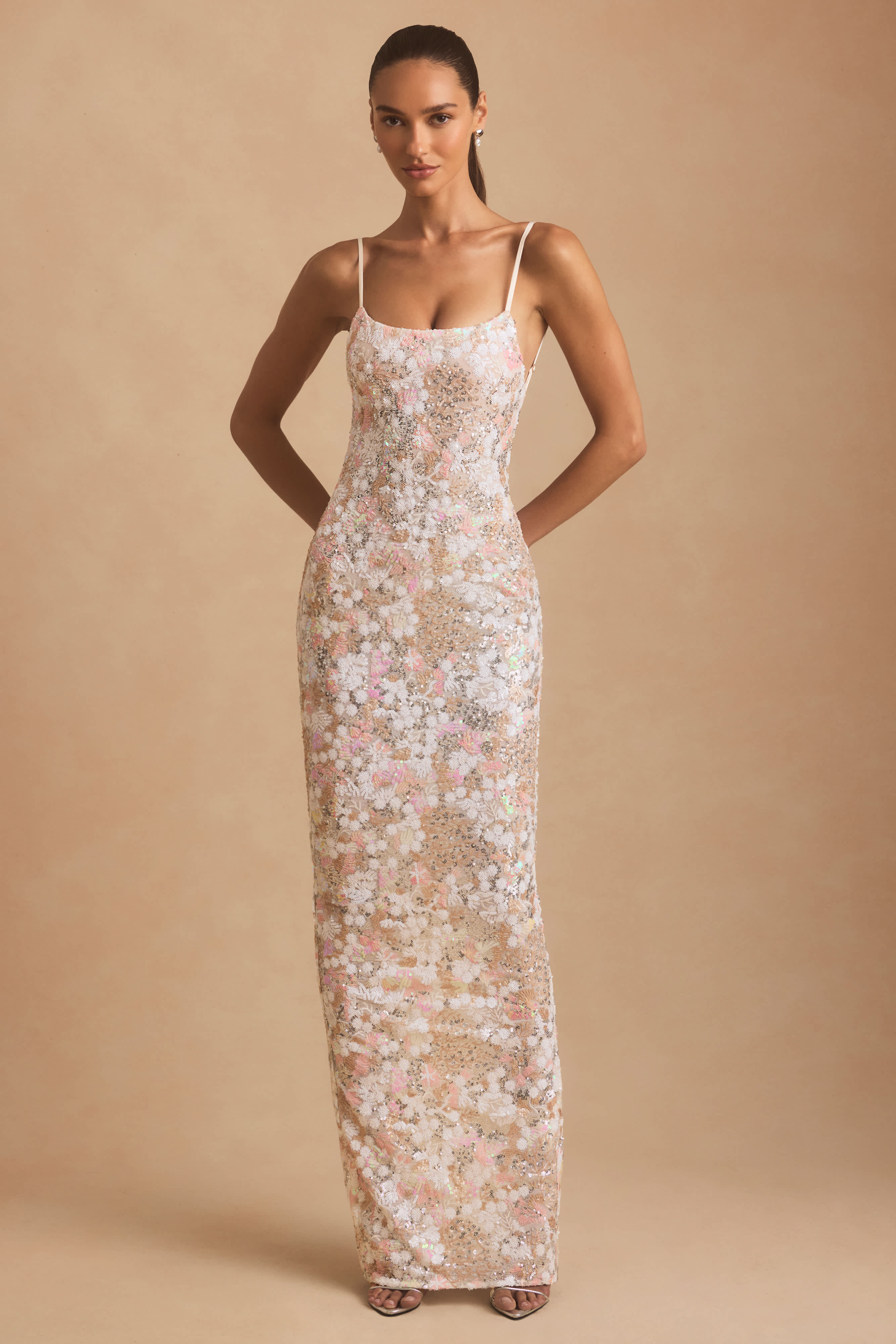 Tavira-Embellished Scoop-Neck Backless Maxi Dress in Ivory