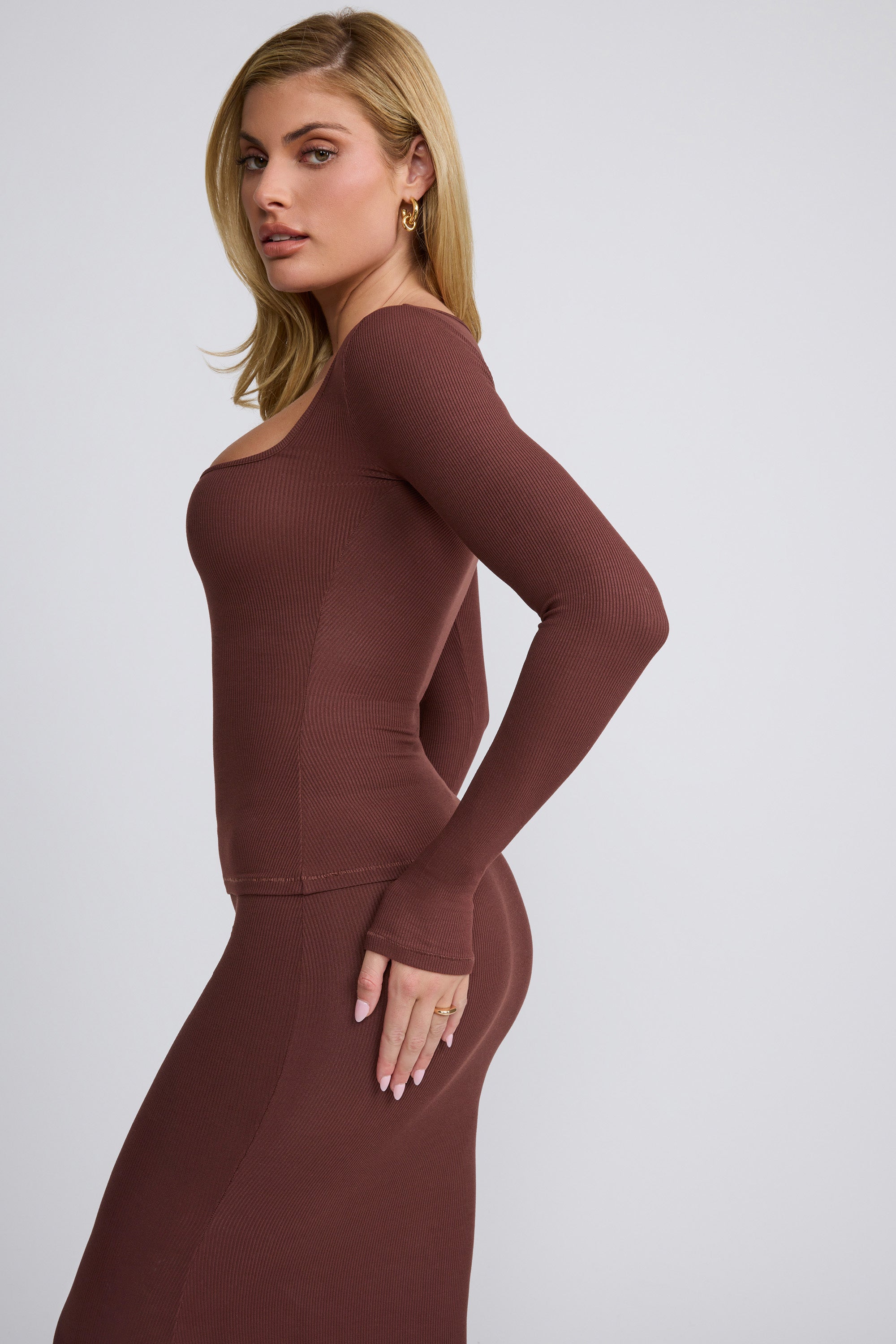 Tia-Ribbed Modal  Long Sleeve Top in Chocolate