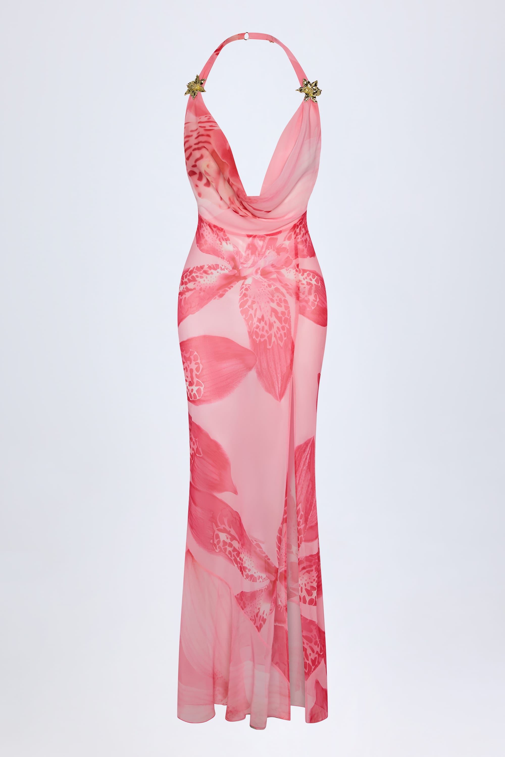 Taveuni-Cowl-Neck Hardware-Detail Maxi Dress in Pink Orchid Print