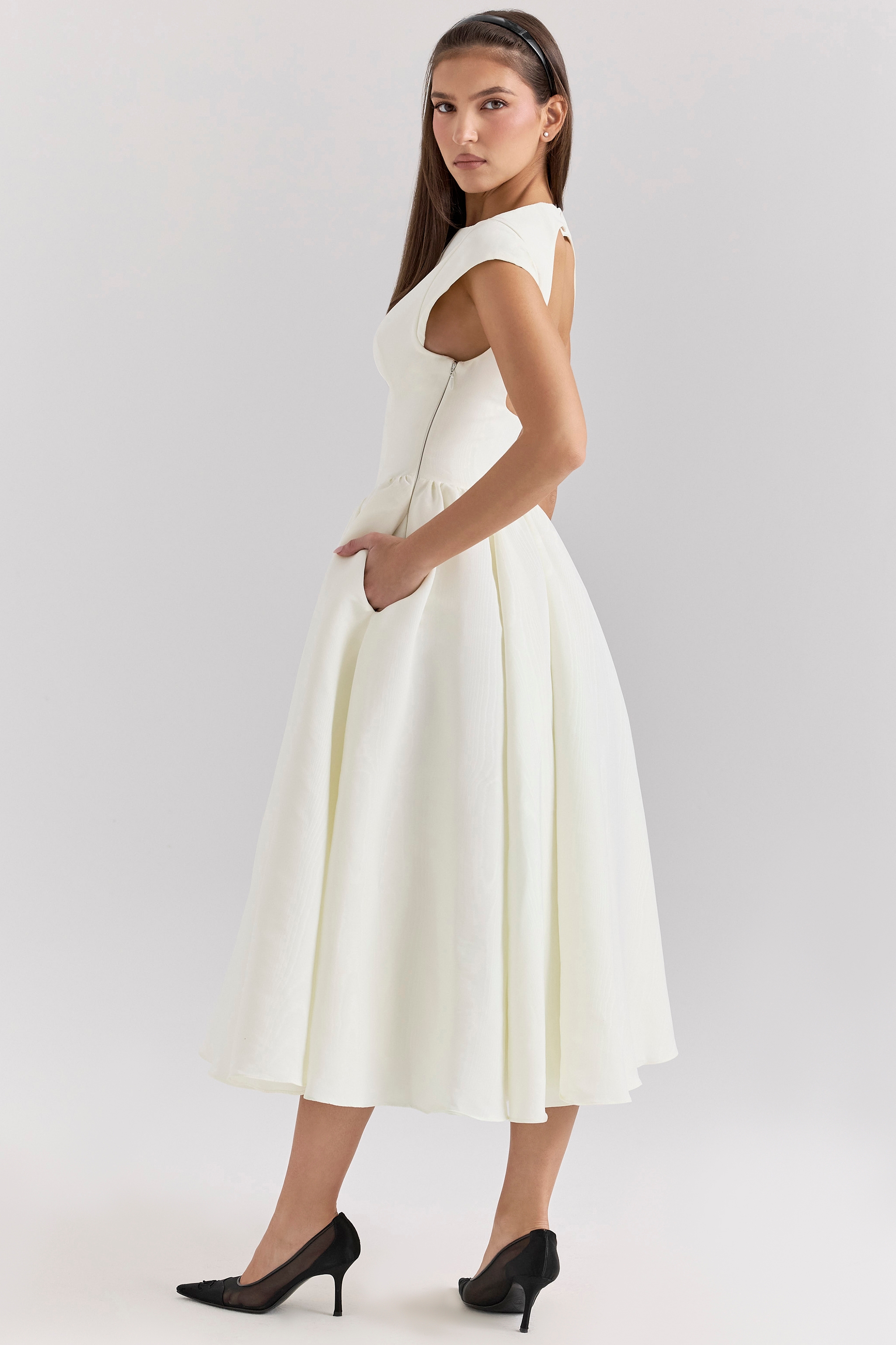 Debutante-Ivory Moire Satin Midi Dress