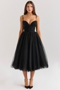 Countess-Black Tulle Ruched Bodice Midi Dress - SALE