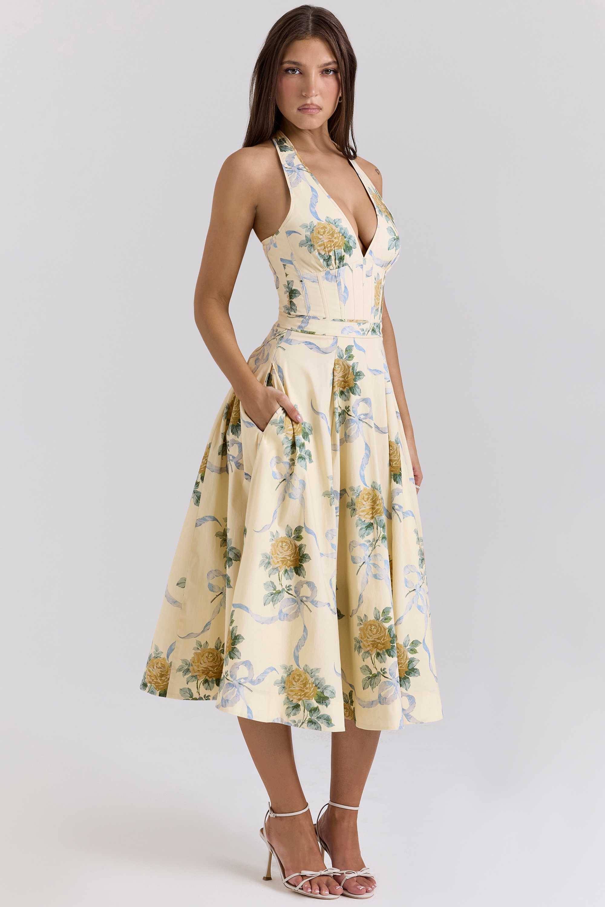 Allena-Lemon Ribbon Stretch Cotton Halter Midi Sundress