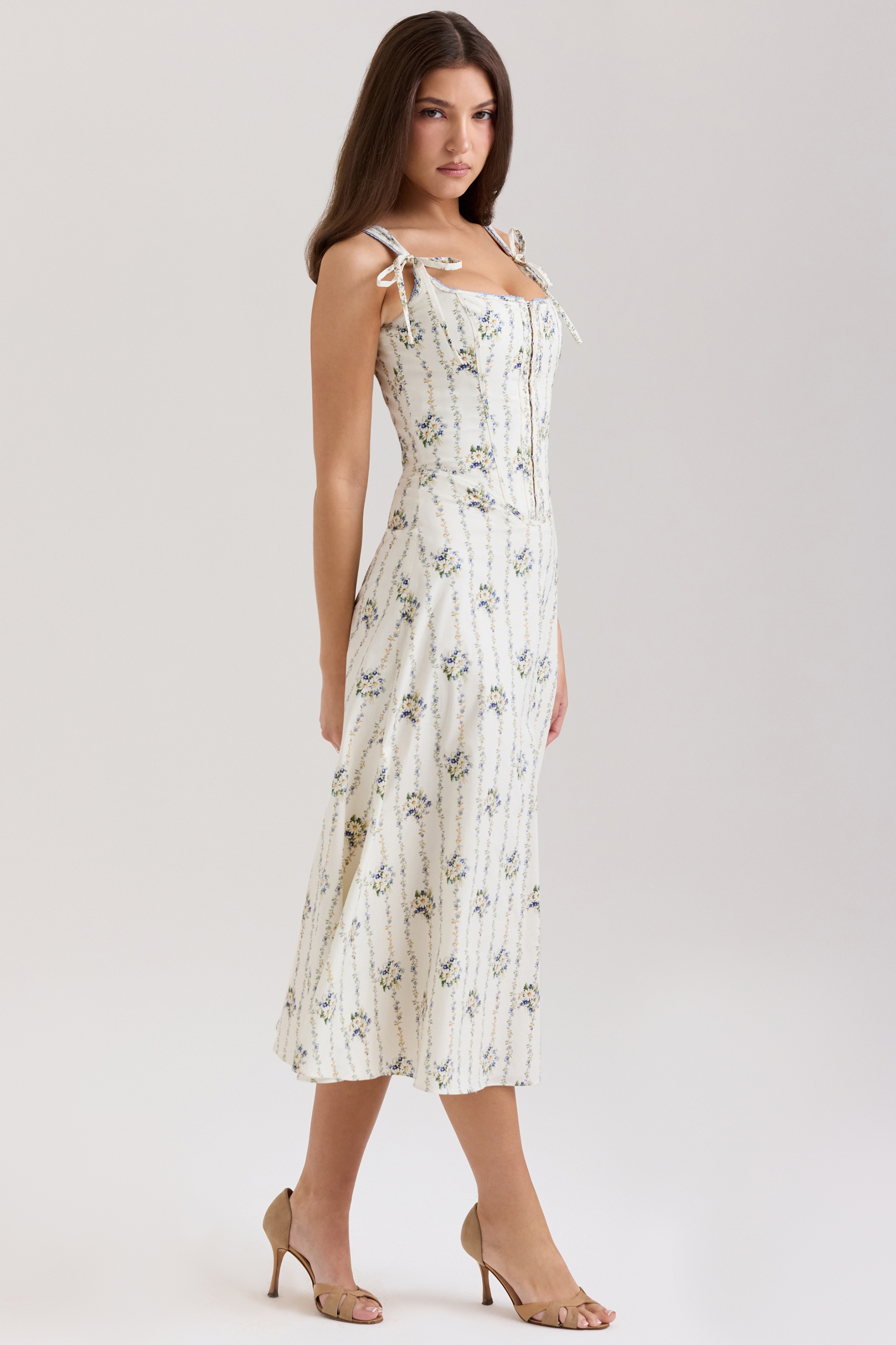 Dionne-Cream Daisy Print Stretch Cotton Midi Dress