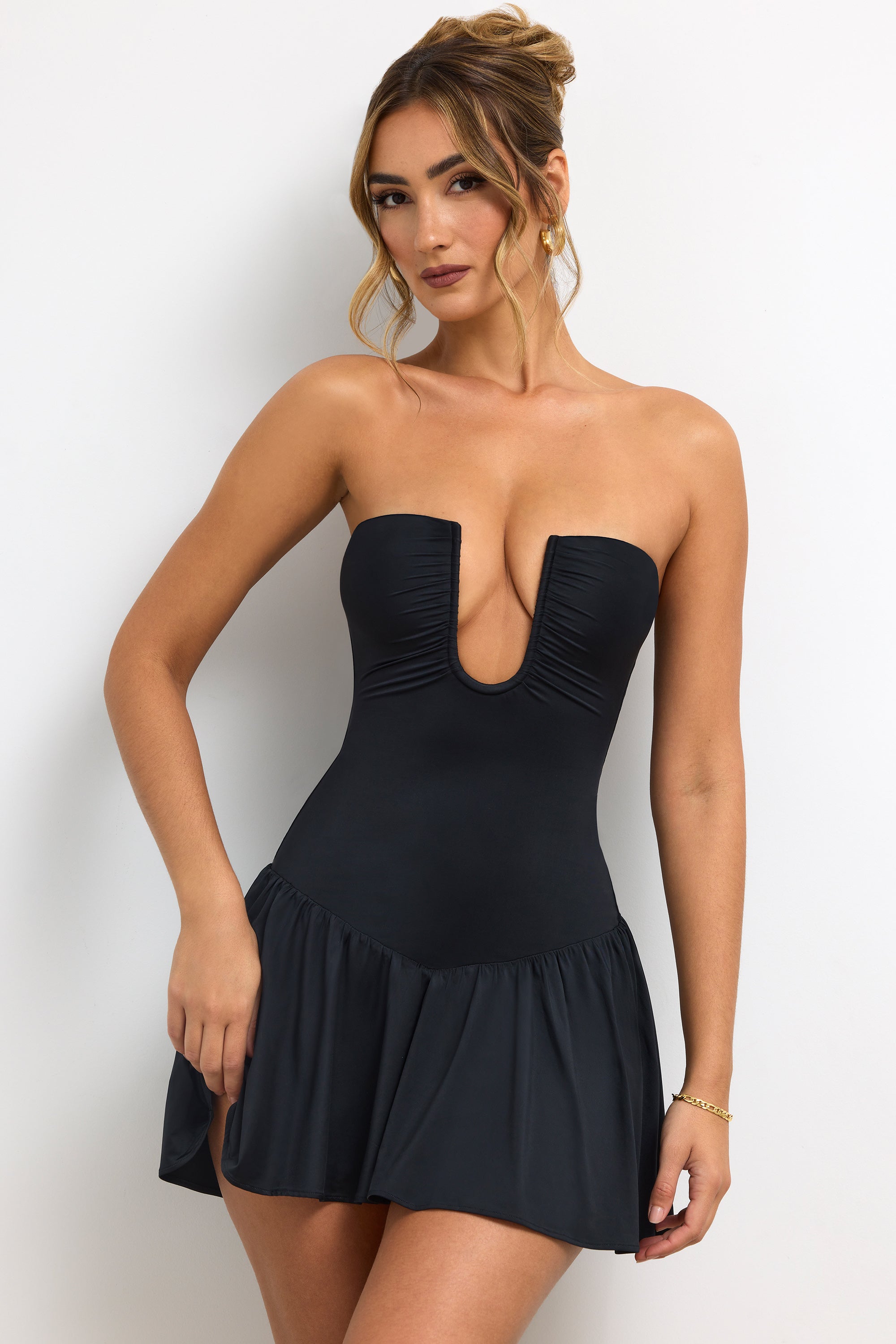Zosia-Slinky Jersey Strapless Plunge Neck Mini Dress in Black