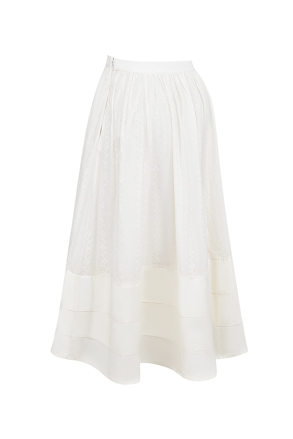 Augustine-White Embroidered Cotton Midi Skirt