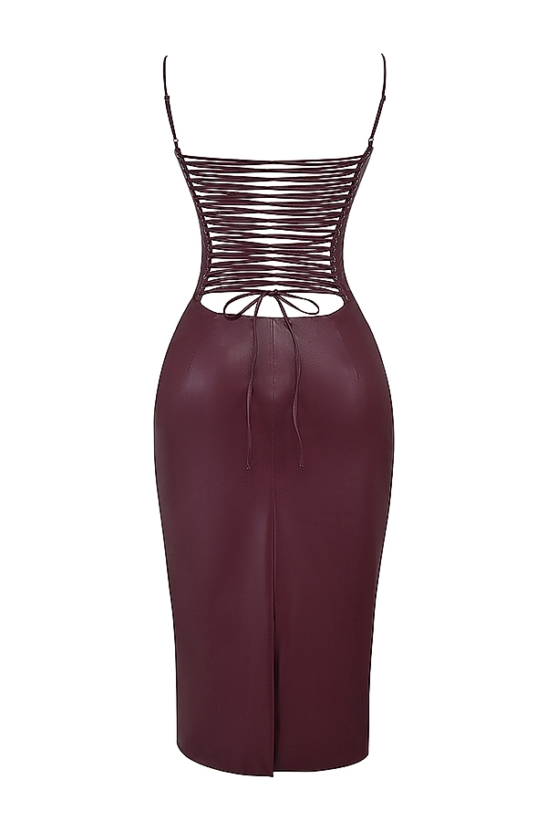 Jalena-Mulberry Vegan Leather Lace Back Dress