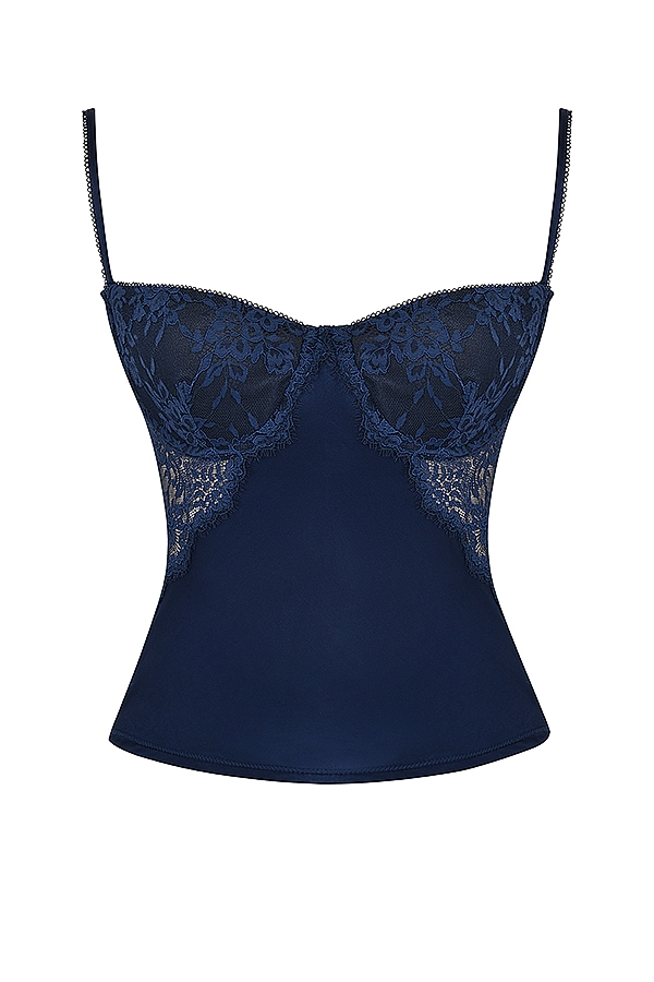 Cecilie-Navy Satin & Lace Cami Top