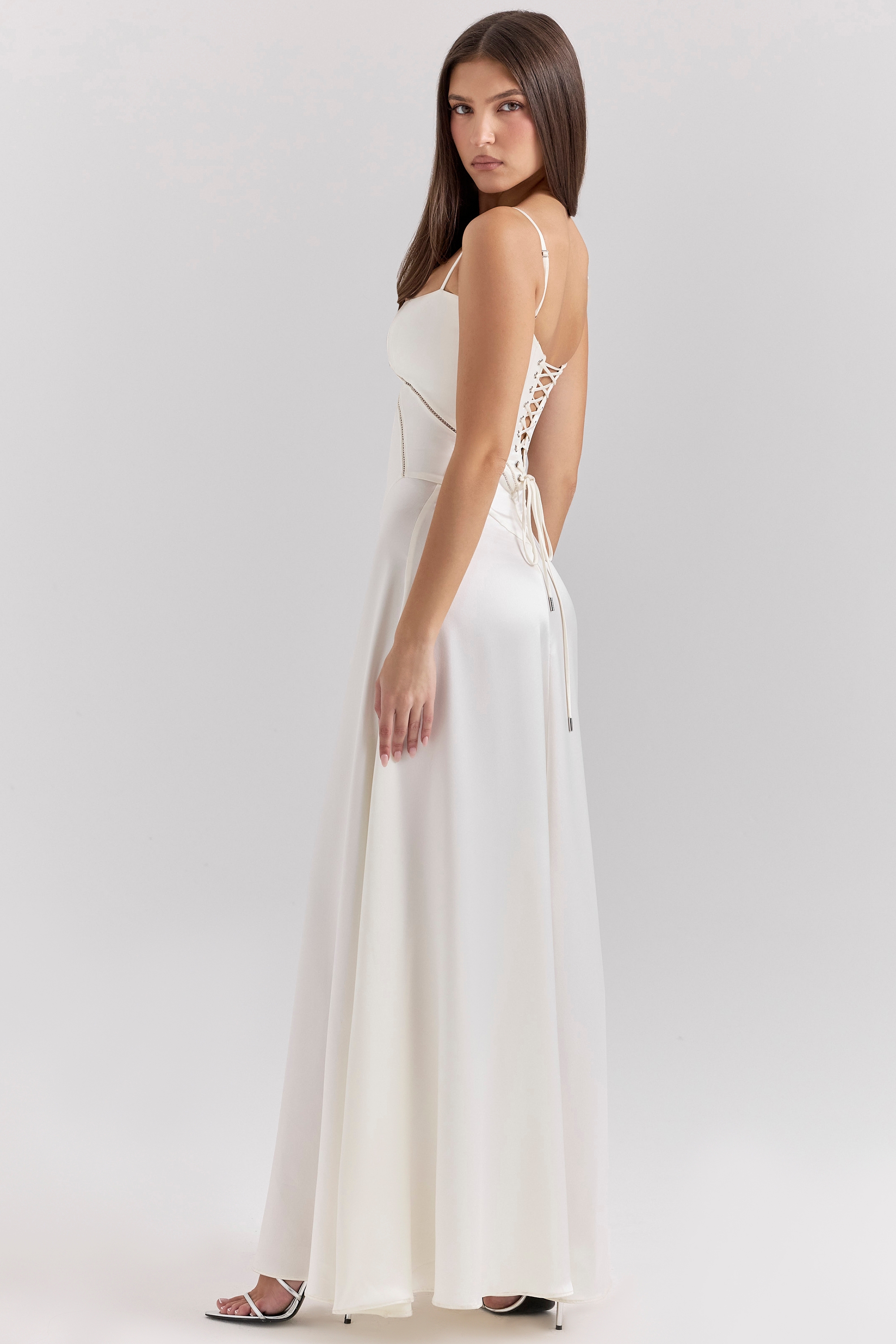 Anabella-Ivory Satin Lace Up Maxi Dress