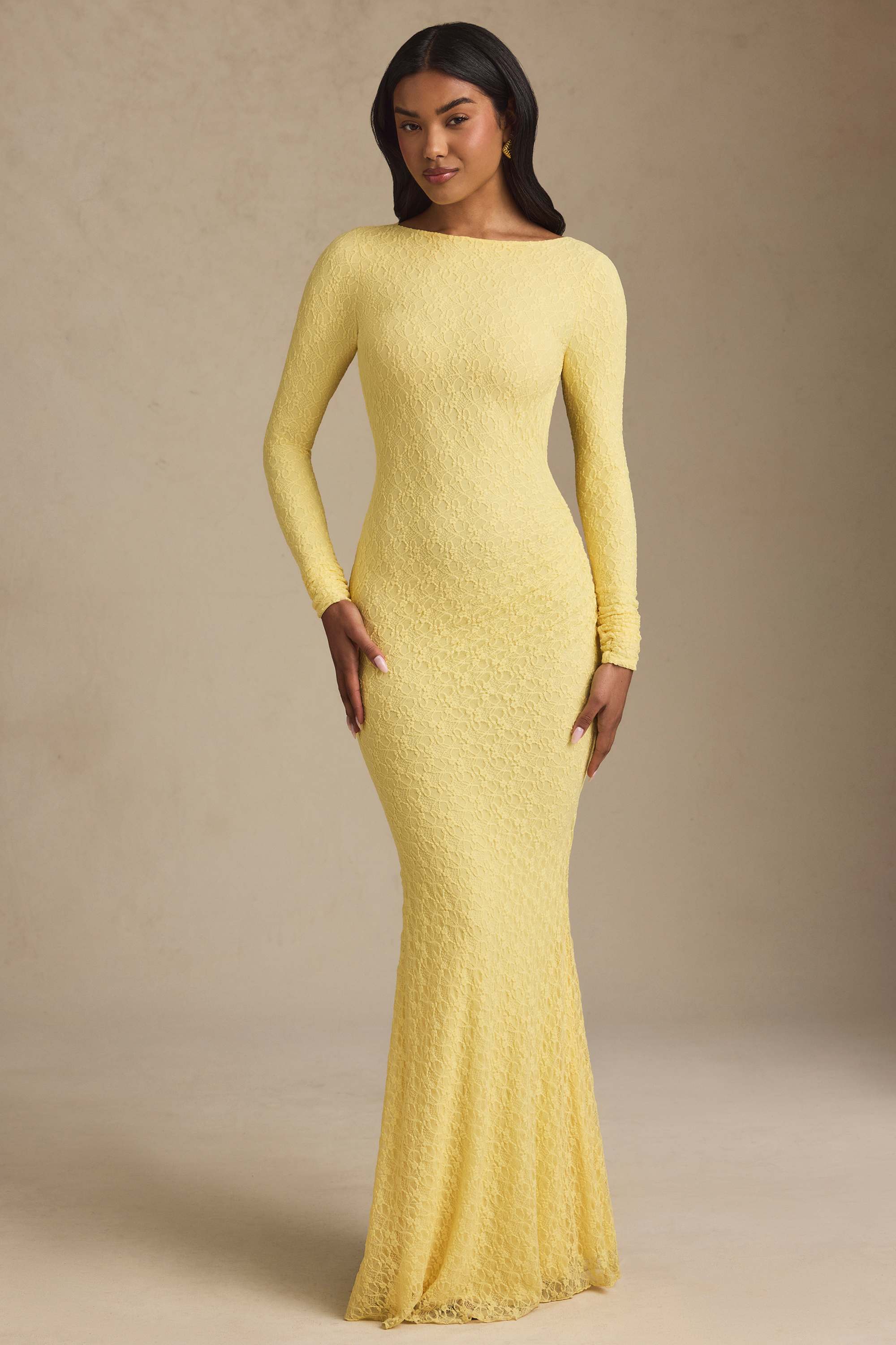 Tarini-Ruched Backless Lace Maxi Dress in Pastel Yellow