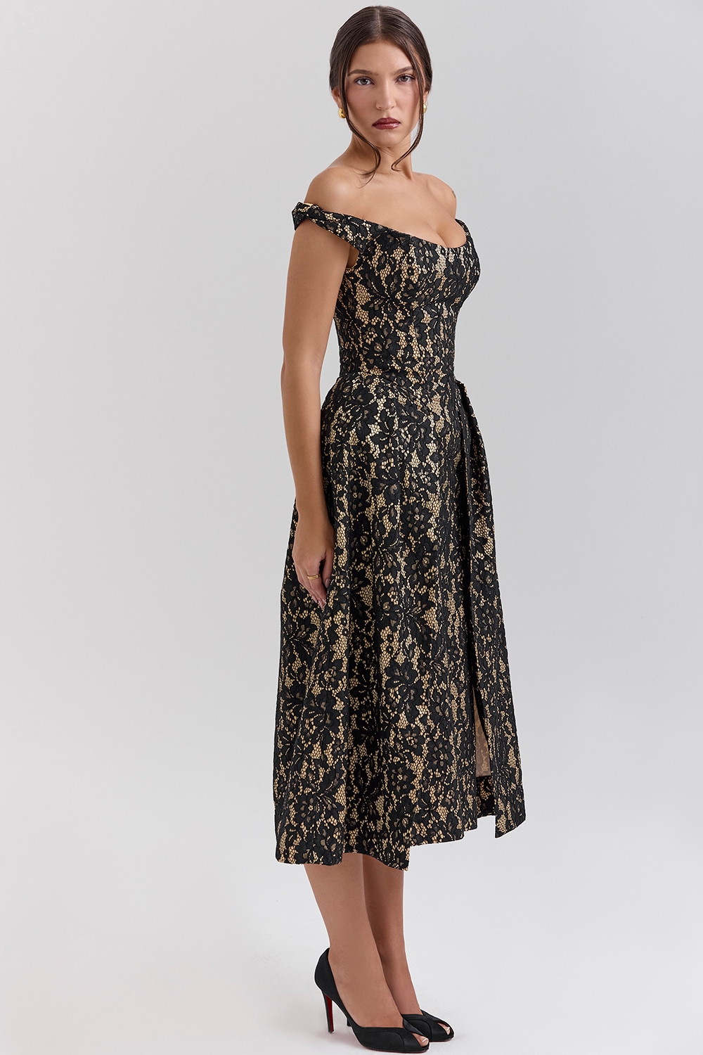 Charming-Black Gold Lace Off Shoulder Midi Gown