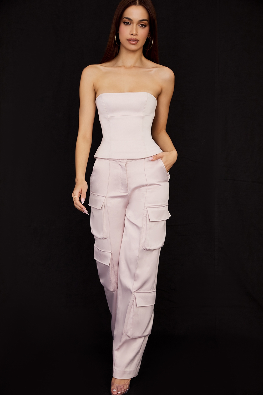 Daria-Crystal Satin Straight Leg Cargo Trousers