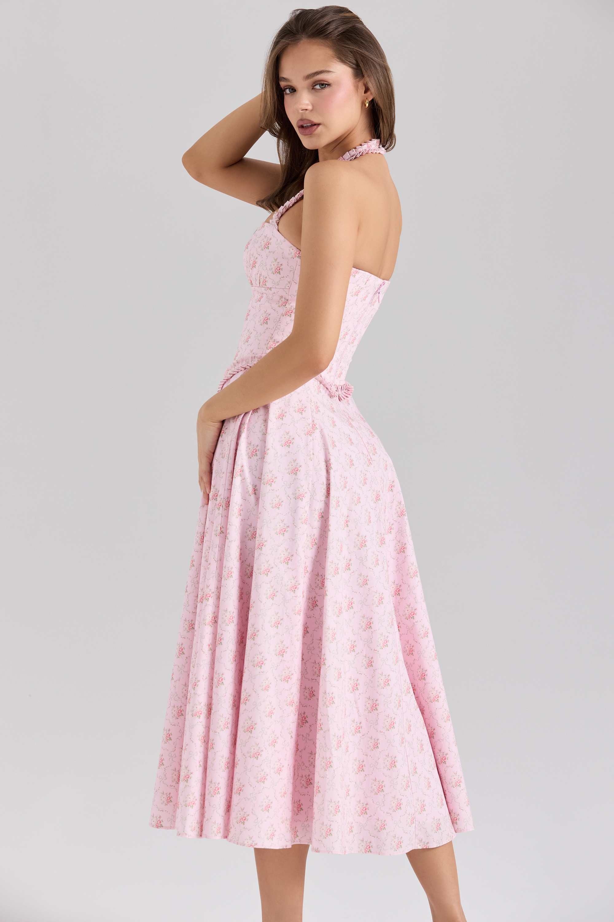 Georgie-Pink Rose Print Stretch Cotton Halter Neck Midi Dress