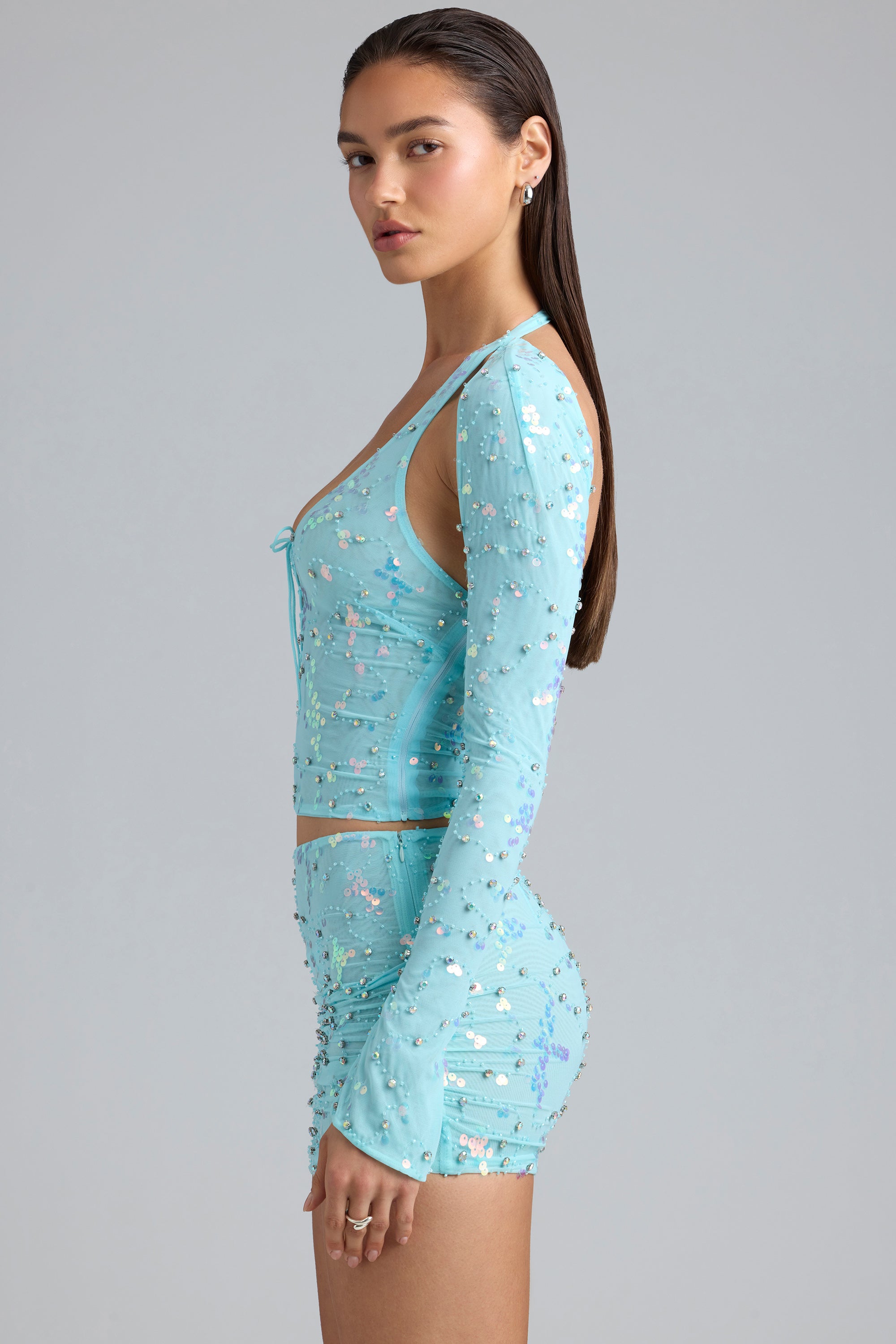 Willow-Ruched Mid-Rise Micro Mini Skirt in Ice Blue